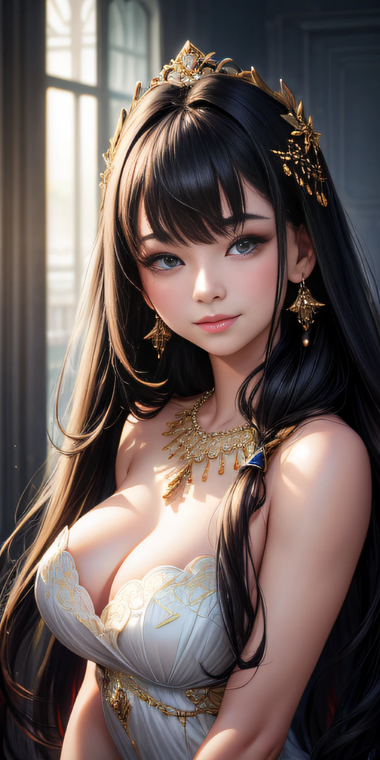 best quality, masterpiece, highres, 1girl, transparent silk porcelain dress, beautiful face, hair ornament, looking at the viewer, smile, closed mouth, lips, dress, hair ornament, necklace, jewelry, long hair, earrings, beautiful face, upon_body, tyndall effect, photorealistic, dark studio, edge lighting, two-tone lighting, (high detail skin: 1.2), 8k uhd, DSLR, soft lighting, high quality, volumetric lighting, candida, photography, high resolution, 4k, 8k, Bokeh