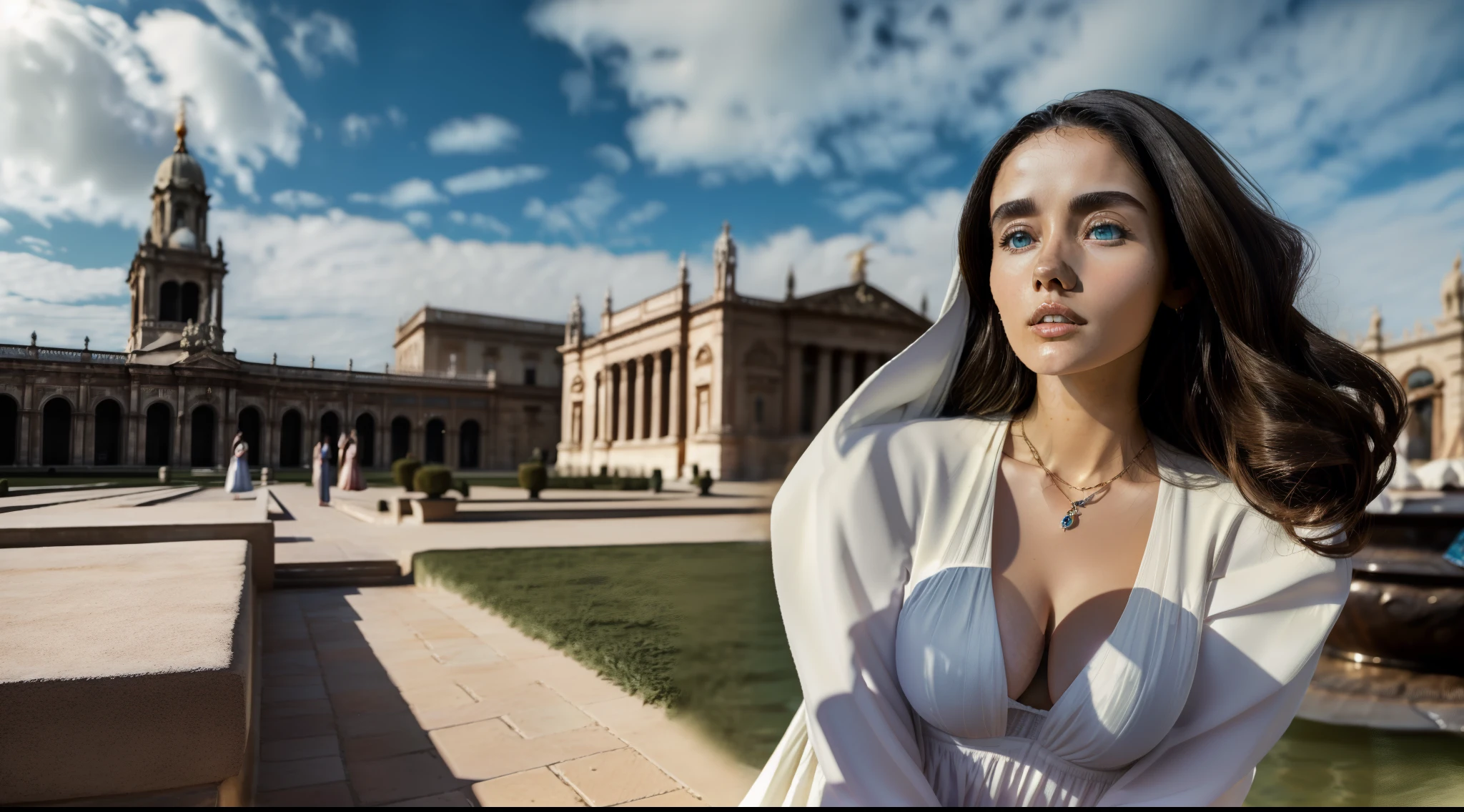 Masterpiece: 1.3), (8k, Photorealistic, Photo RAW, Best quality: 1.4), (UHD), (Ultra high realism), (Ultra high definition), (Ultra high detail), (Increase contrast), (Increase saturation), ((((1girl:1.3)))), A beautiful woman, ((Hybrid face between Monica Bellucci and Jennifer Connelly, 20 years old)), with a perfect figure: 1. 4, Cute face, Beautiful face, (Realistic face), Exquisite hairstyle, Bright light blue eyes with realistic details, beauty in every aspect, (Realistic skin), Radiant skin, with a natural tanned tone, irresistible to the eye, Ultra high definition, Ultra realistic, Highly detailed, (Large breasts: 1.3), (Cleavage: 0.8), A model with a Caucasian complexion, with a warm, Mediterranean tone to her skin, calmly walks around the square, allowing her dress to flow smoothly. Her hands may rest in her pockets or hold a fan. Her gaze may be serene, enjoying the surroundings. Transmitting gaadoquinadas, colonial buildings, plazas and varied architecture create a perfect backdrop for photos. The Plaza de la Independencia is surrounded by imposing colonial buildings and the majestic Metropolitan Cathedral. The fountains and stone benches offer the opportunity for a wide range of poses, from elegant portraits to relaxed shots.(Loose and natural waves hairstyle, soft and tousled waves would enhance the Mediterranean and versatile beauty, large breasts: 1.3), (Neckline), necklace and earrings, ((Slender figure: 1. 2)), (Toned waist), firm and curvaceous buttocks, ((body measurements: 1.68 meters tall and the ratio of bust, weight and waist and hip measurements 99 x 63 x 91 cm)), ((plunging neckline)), ((Translucent white shirt over black underwear. Shirt ajar, with an elegant and casual dress style)), Shot in 70mm, 8k, Photorealistic, --q 5 --ar 16:9 --v 4, HQ, 8K (film grain: 1.3), 8k UHD, DSLR, soft lighting, high quality, HDRI, Fujifilm XT3