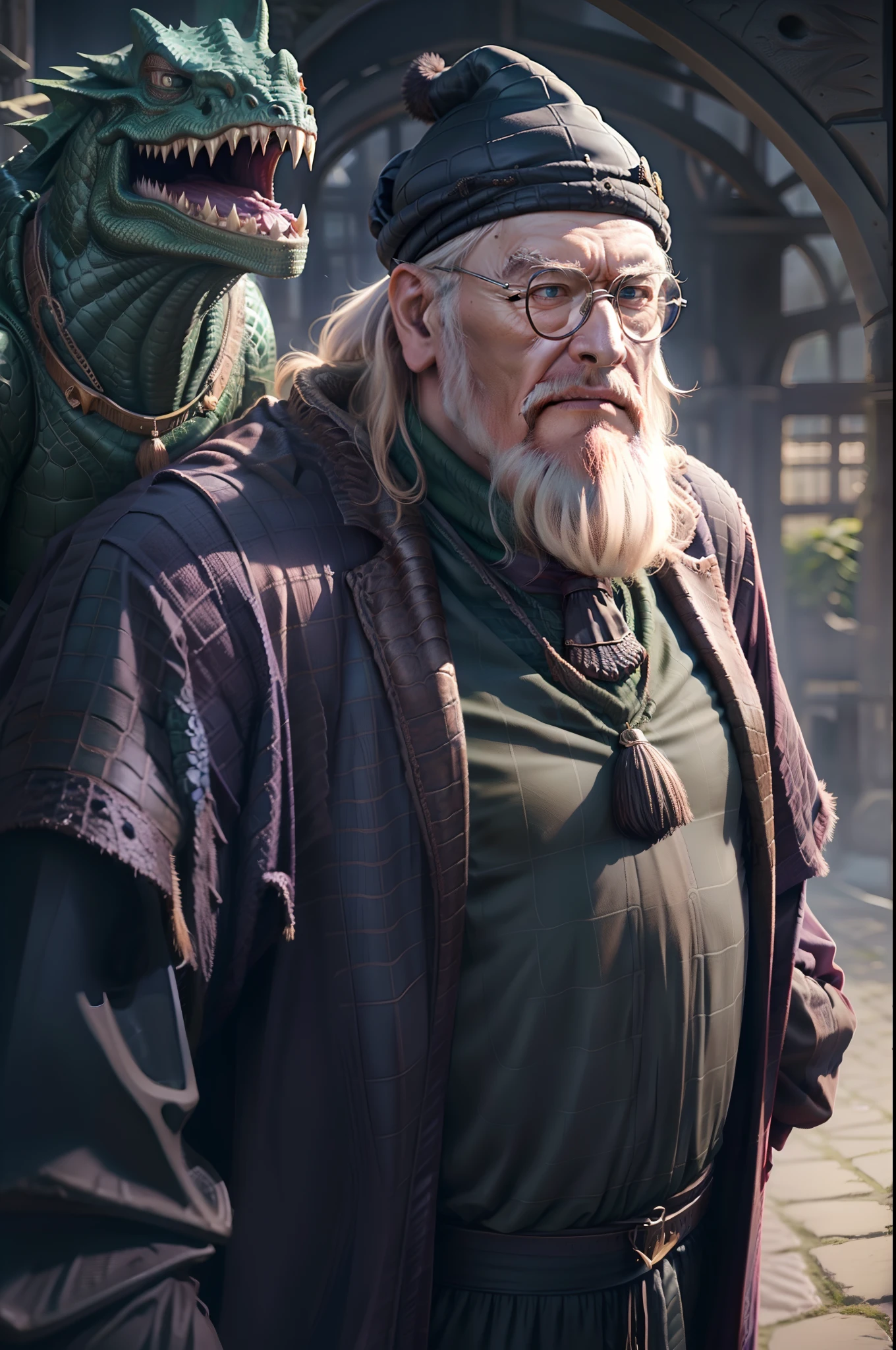 dumbledore，a old man，Big chest，wearing an outfit，Wearing crocodile dragon armor，Wearing a crocodile head hat，muscle men ，Man ，Wear half-moon glasses，Realiy，Ride a crocodile