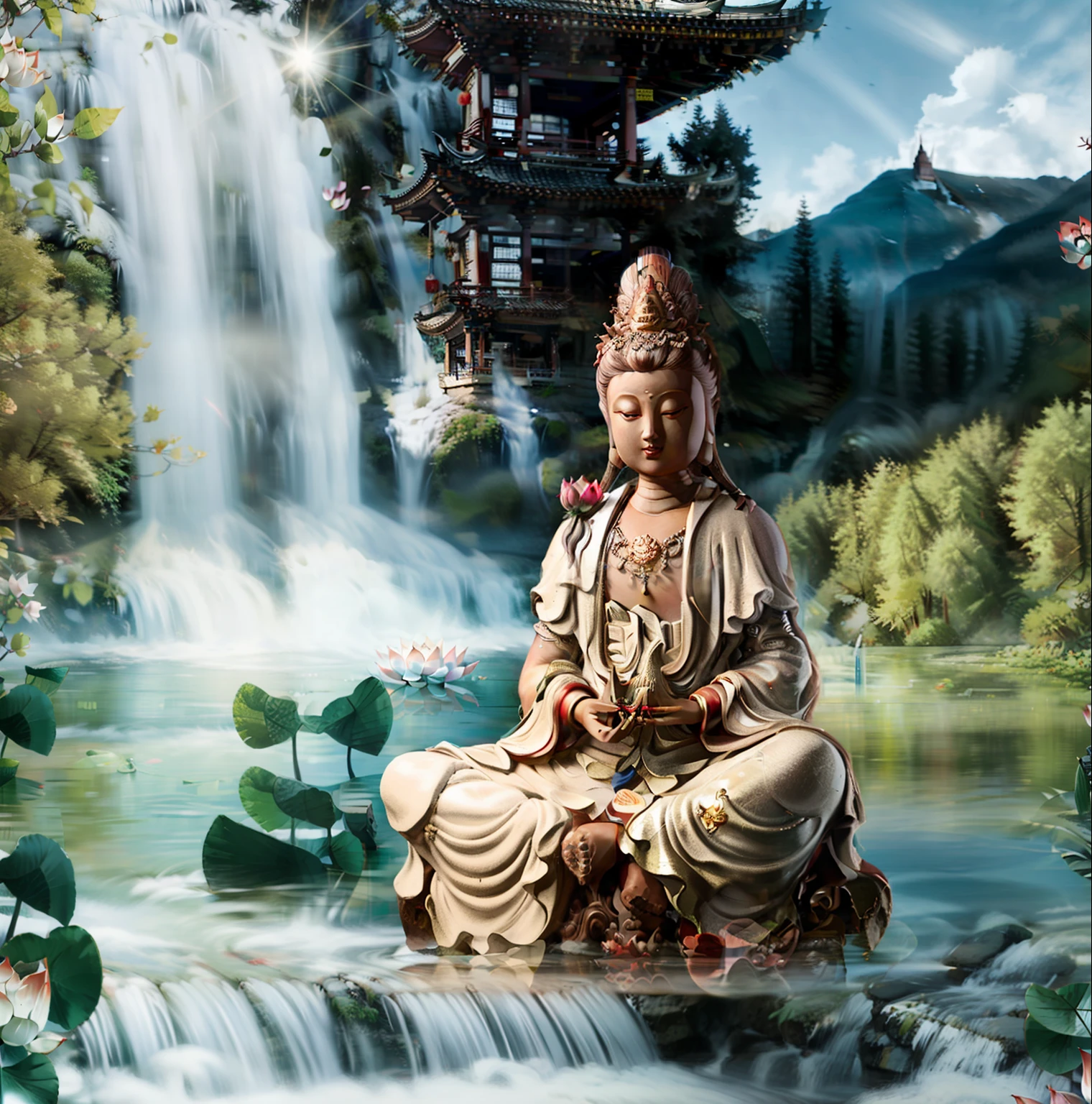 Guanyin sitting on a lotus flower seat, Guanyin Bodhisattva, Avalokitesvara, Chinese temples scattered in the forest not far away,   waterfall cascading into a lake or stream in the background, mountains and briliant small lake in the background, Lotus in the foreground, Clear and distinct fingers, clear and distinct toes, clear and distinct facial features,jewelry, leaf, lily flower, lily_pad, necklace, plant, solo, chinese temple, path, cherry blossom, sharp focus, the sun's rays, sparkly ripples, wind ripples, hyper hight detailed, real photo, intricate details, perfect composition, beautiful detailed intricate, 8 k photography, photorealistic, masterpiece, Photo-realistic, Image enhancement,Image post-processing,Image retouching