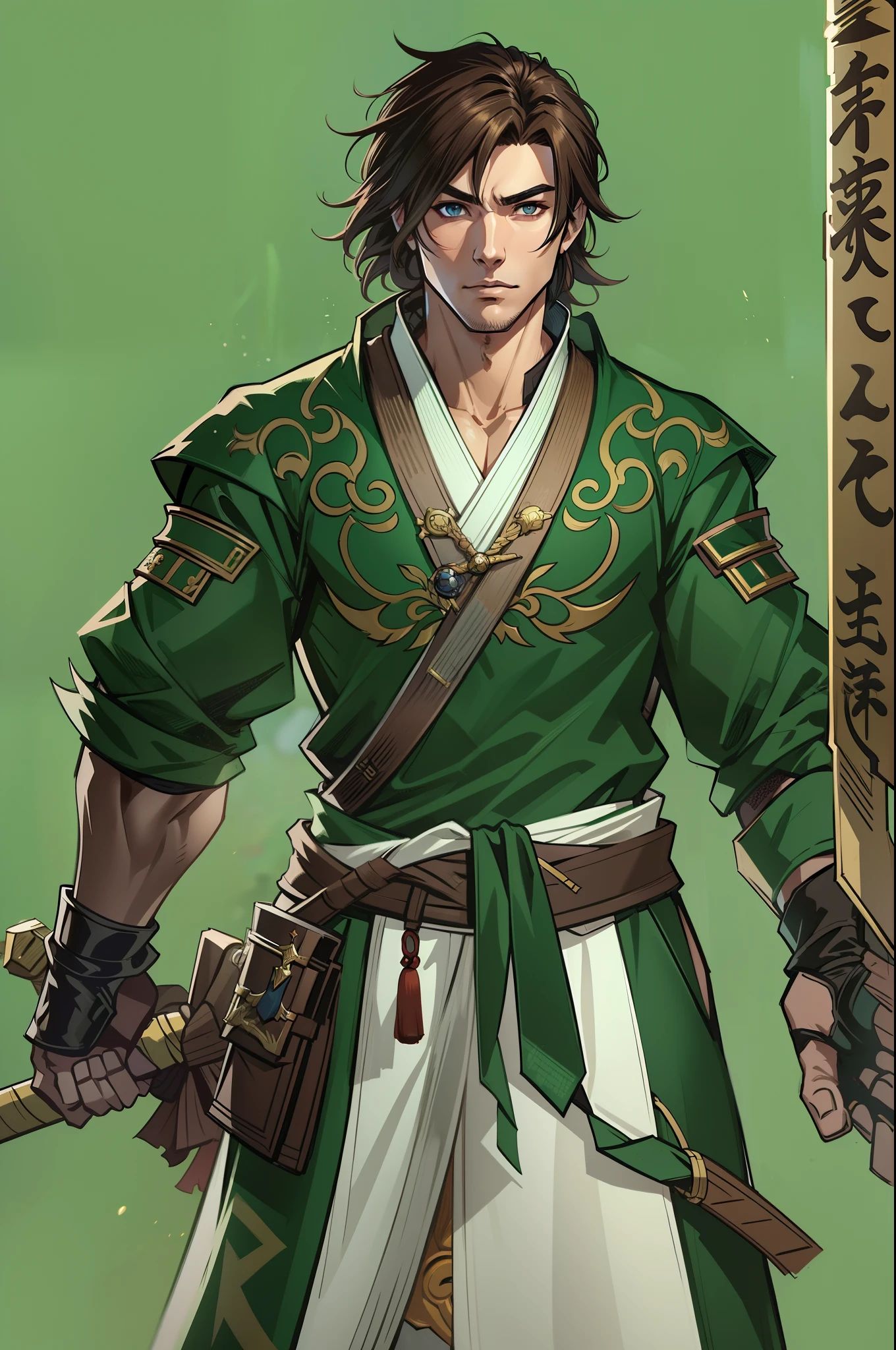 a young man in his 30's, with brown eyes and scruffy brown hair, wearing a green and black outfit, a hero in wuxia style, with brown eyes, martial artist, martial artist holding a staff, standing in a chinese temple, in the style of blade and soul, full body character concept, detailed character design, chinese costume, very highly detailed face unreal engine render, final fantasy 14 style, lunar themed attire, costume with blue accents