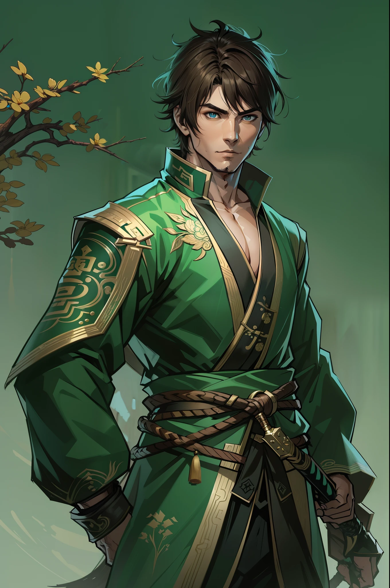 a young man in his 30's, with brown eyes and scruffy brown hair, wearing a green and black outfit, a hero in wuxia style, with brown eyes, martial artist, martial artist holding a staff, standing in a chinese temple, in the style of blade and soul, full body character concept, detailed character design, chinese costume, very highly detailed face unreal engine render, final fantasy 14 style, lunar themed attire, costume with blue accents