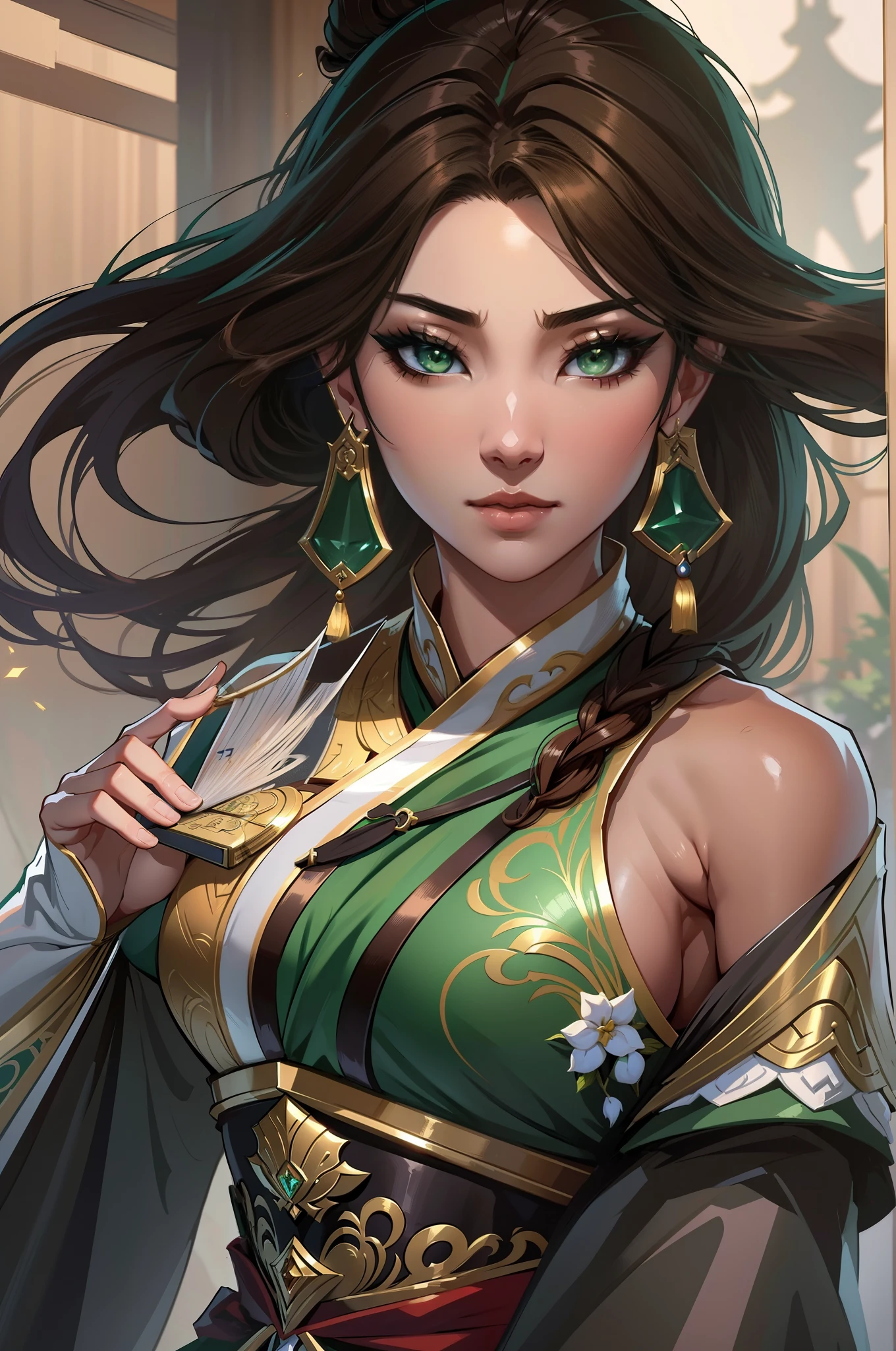 a close up of a woman in her 30's, with green eyes and brown hair, wearing a green and black ball gown dress, a heroine in wuxia style, with brown eyes, holding a paper fan, standing in a chinese monastary, new costume concept design, in the style of blade and soul, full body character concept, detailed character design, inspired by Yang Jin, inspired by Li Mei-Shu, chinese costume, inspired by Lan Ying, inspired by Sim Sa-Jeong, inspired by Li Tang, lunar themed attire, costume with blue accents, inspired by Ju Lian, colored concept art, highly detailed character design, highly detailed face, inspired by Ai Xuan, very highly detailed face, unreal engine render, final fantasy 14 style, inspired by Leng Mei