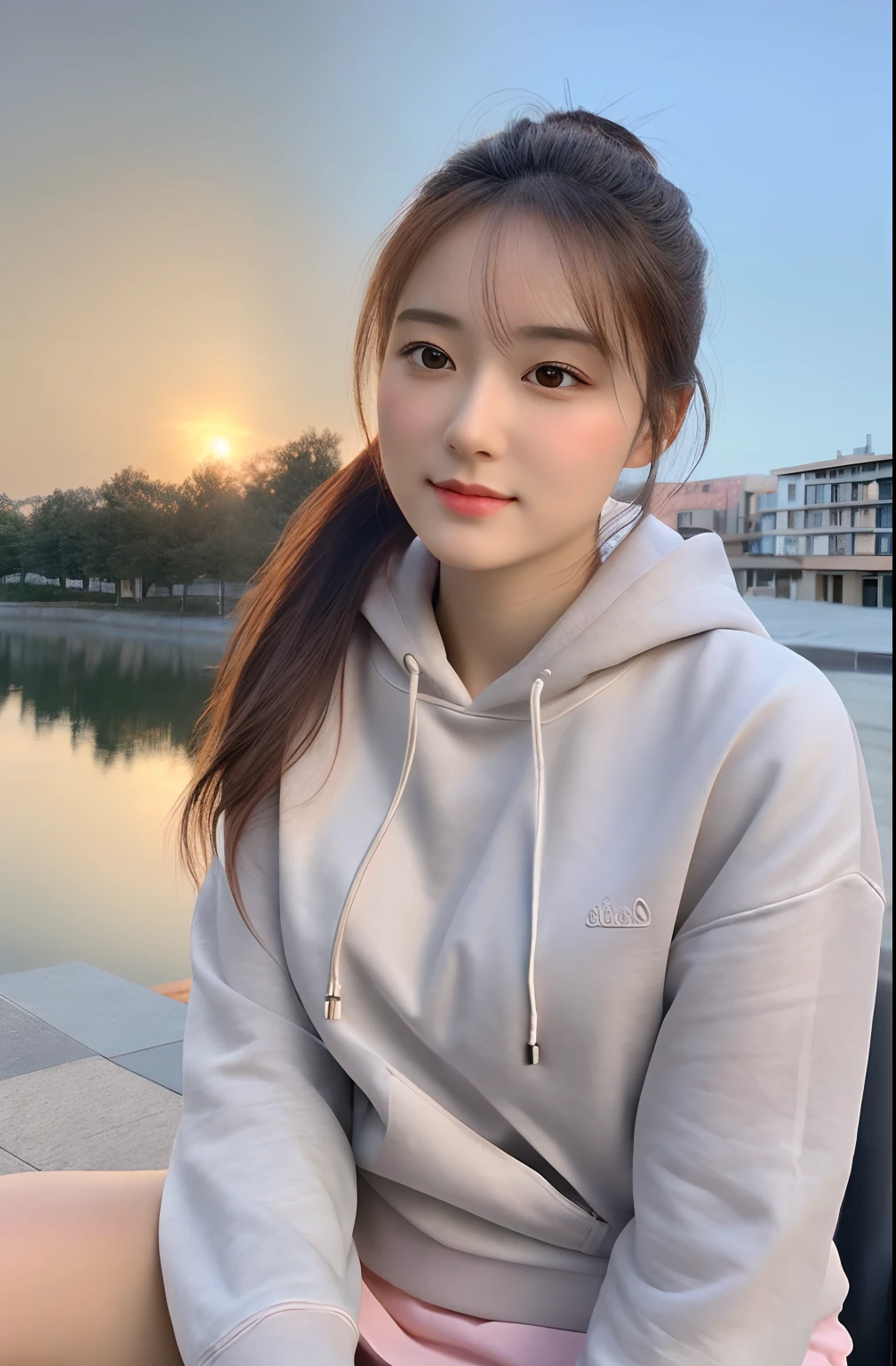 (8k, RAW photo, best quality, masterpiece), (realistic, photo-realistic:1.2), ultra detailed, 1 girl, cute, solo, beautiful detailed sky, detailed cafe, night, sitting, dating, dose blush, closed mouth, Beautiful and delicate eyes, wearing hoodies, short skirts, medium build, flowing hair, long blue hair, girl, feminine, pink eyes, ultra-fine details, complex scenes, ambient light, soft light, elegant, symmetrical facial features, accurate anatomy, anatomically correct girl, landscape, gossamer, ethereal, full body, ponytail, gentle, gentle, wise, big breasts,