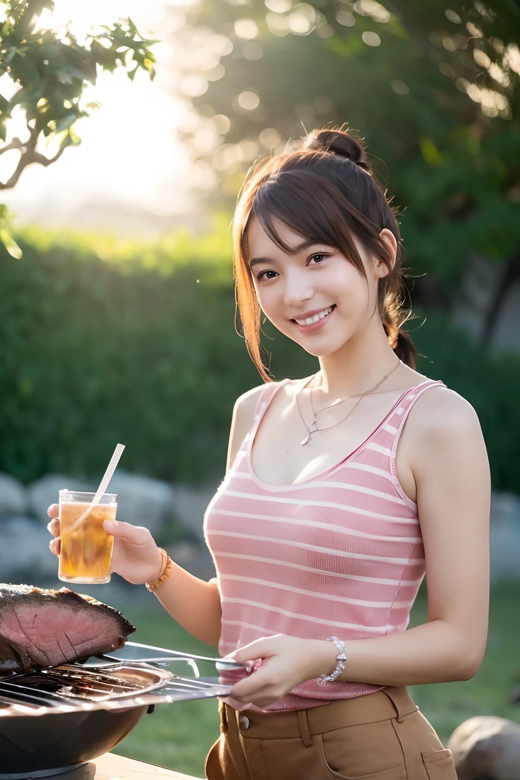 (masutepiece,Best Quality,hight resolution,Realistic,Portrait photos,), (Solo Beauty Idol Girl,),(Light brown and pink striped hair,poneyTail,hair pin,),Happy smiling face、Girl enjoying barbecue on beautiful riverbed,(Roast the meat on a strong fire with a drink in one hand:1.3),Loose T-shirt.mid-riff peak,shortpants,Necklace,Piercing,Beautiful hands,Beautiful fingers,
(Looking at Viewer,),(sun beam, Backlighting,)(Full body shot,),