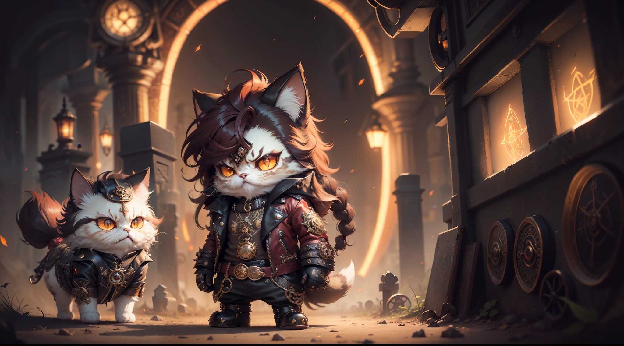 persian cat Anthropomorphic, steampunk ,, , studded leather jacket with intricate ornamentation red and black , with a compass in the right hand , pirate steampunk theme,, , highest quality,, very angry face, body fitness, full body, long hair with braids , at night in the cemetery with fireflies , on the floor engraved a pentagram