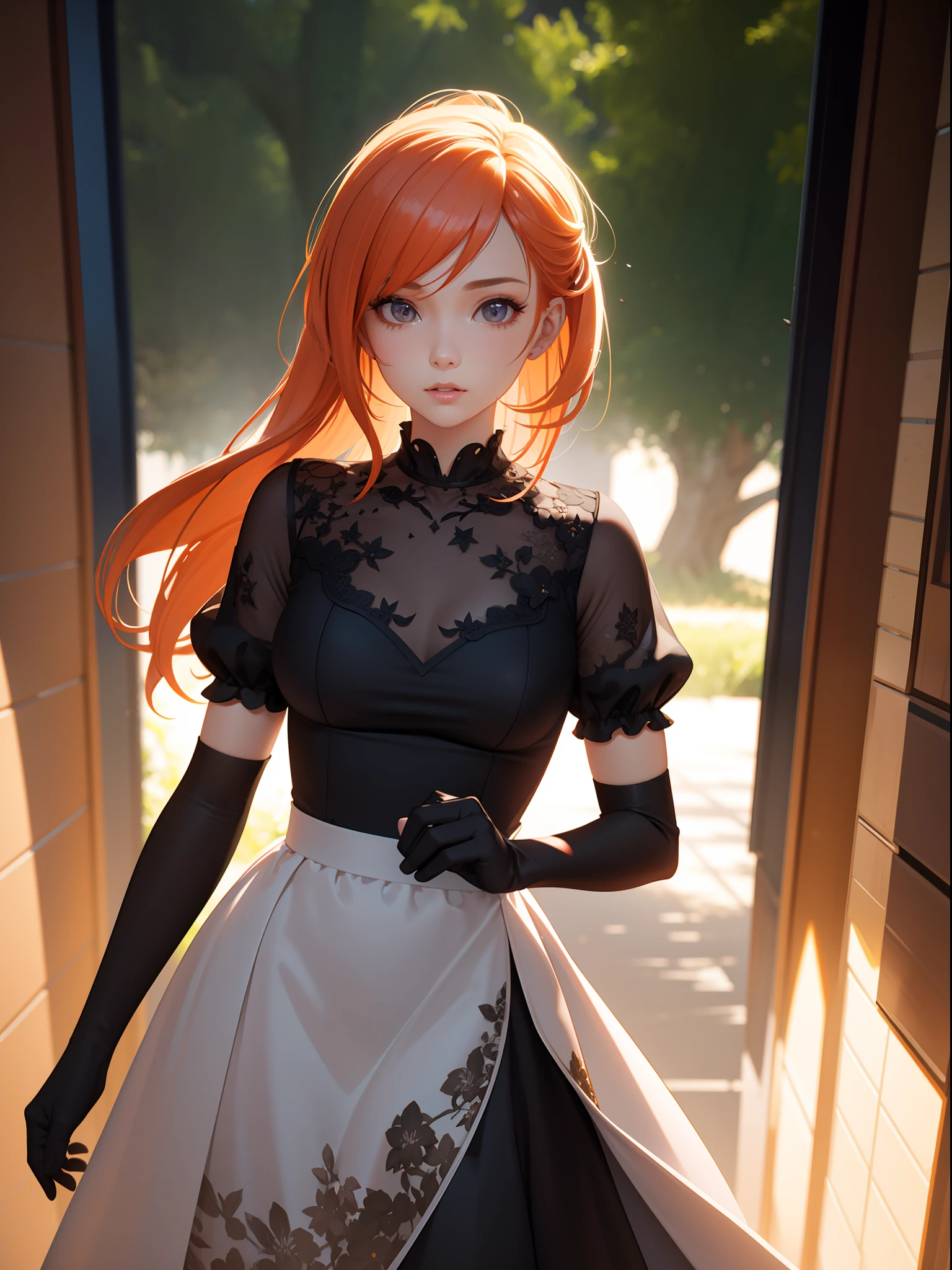 a beautiful woman, peach hair, Surrounded by trees, see-through dress, hair exploding into multicolored flowers, finely detailed features, intricate brush strokes, beautiful lighting,  Cinematic, Color Grading, Depth of Field, intricate details, Unreal Engine, Character Concept Art, creative, expressive, stylized anatomy, digital art, 3D rendering, unique, award-winning, Adobe Photoshop, 3D Studio Max, well-developed concept, distinct personality, consistent style