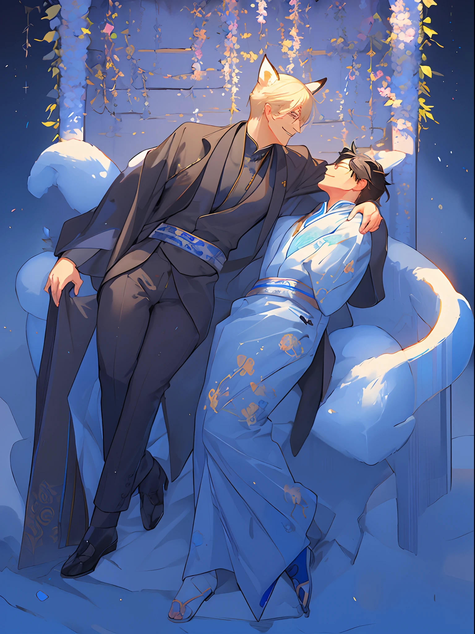(8K, hight resolution, ultra-detailliert), Gay Couple, 1 man and 1 man, Mature, Hair color is different, (cuddling), full bodyesbian, a blonde and a black hair, (Two men smiling face to face)、Gray-haired man with beautiful fox ears、Strong man with black hair with wolf ears、ink and watercolor painting、Traditional Chinese Ink Painting、lotuses、Hanfu、Maxi Kit、Dress conservatively、Animal ears, Knights、bule、florals、Lots of flowers nearby、shenron、extra detailed face