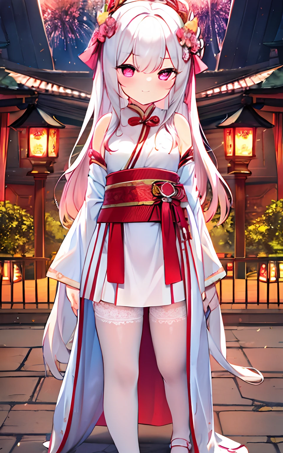 highly  detailed，ultra - detailed，best qualtiy，illustratio，（best character detail：1.36），Very close to the audience
Beautiful ancient palace background，exquisite architecture，（Exquisite background），（Soft glow：0.8），{full bloom}，rays of sunshine，Red lanterns，fire works，pink flowers that，
1girll，独奏，full bodyesbian，Idade：7，Lori huge breasts cleavage，（Lori huge breasts cleavage：1.8），（Kizi：0.4），standing on your feet，Behind your arms，{{pervert smirk}}，dynamic angle，looking at viewert，{{adolable}}，cute  face，a narrow waist，（nedium breasts：0.9）barefooted
Beautiful white hair，long whitr hair，Floating hair，{{{a pink eyes}}}，bright_eyes，gradient_eyes，{{zoom in on eyes}}，zoom in on eyes
（Gorgeous Hanfu|white colors：1.65|red colour：0.15|golden lace），white stockings，hair adornments，White hair_ribbon，