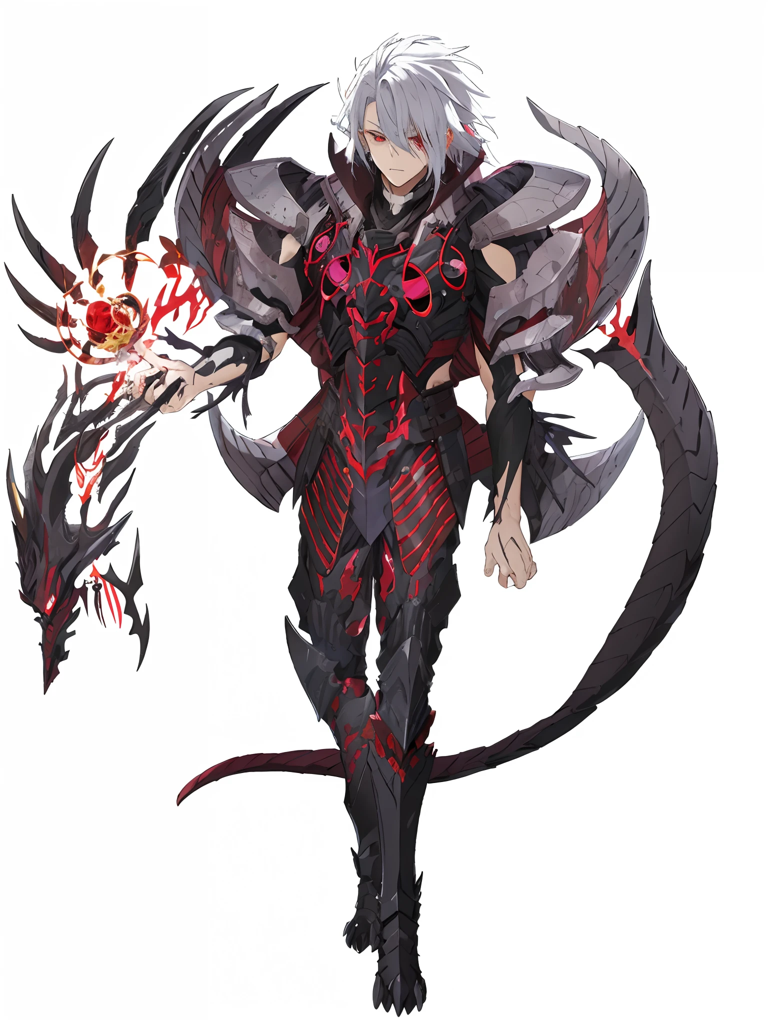 anime character with red eyes and black body holding a red dragon, demonic dragon inspired armor, demon male, draconic looking armor, demon armor, red demon armor, giesha demon, demon noble character design, male djinn man demon hybrid, human male demon, dark demonic dancer, corrupted armor, djinn man male demon, fit male demon with white horns