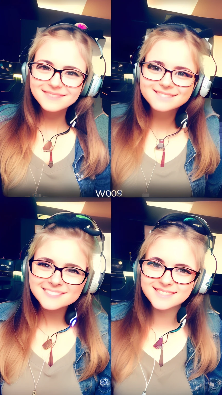 arafed image of a woman with glasses and headphones on, identical picture, good lighted photo, grainy. poorly rated, very accurate photo, slight nerdy smile, good clear quality, corrected faces, with instagram filters, cute slightly nerdy smile, !!wearing glasses!!, good young girl, good lighting, snapchat story screenshot, low quality grainy, good looking face