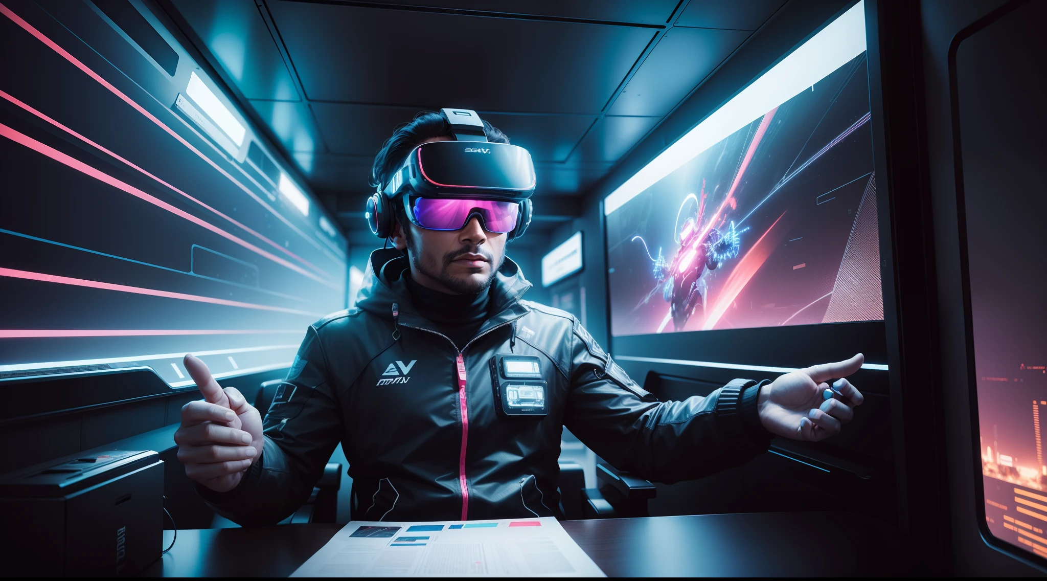 Realidade Virtual   (CRV)
futuristic man with virtual reality glasses, sentado de perfil, right hand up, in the background in neon drawing the design of a large aircraft projected on large screen, tipo cinema, arte, generative artificial intelligence. Foto Pro