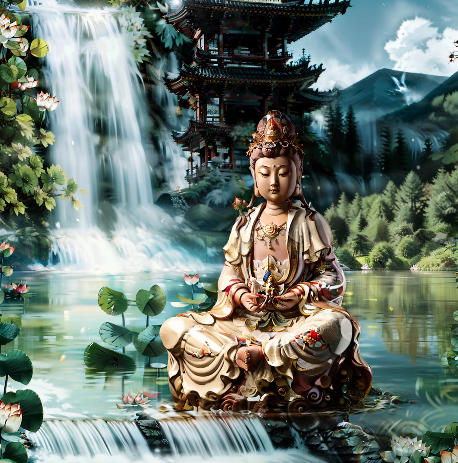 Guanyin sitting on a lotus flower seat, Guanyin Bodhisattva, Avalokitesvara, Chinese temples scattered in the forest not far away,   waterfall cascading into a lake or stream in the background, mountains and briliant small lake in the background, Lotus in the foreground, Clear and distinct fingers, clear and distinct toes, clear and distinct facial features,jewelry, leaf, lily flower, lily_pad, necklace, plant, solo, chinese temple, path, cherry blossom, sharp focus, the sun's rays, sparkly ripples, wind ripples, hyper hight detailed, real photo, intricate details, perfect composition, beautiful detailed intricate, 8 k photography, photorealistic, masterpiece, Photo-realistic, Image enhancement,Image post-processing,Image retouching