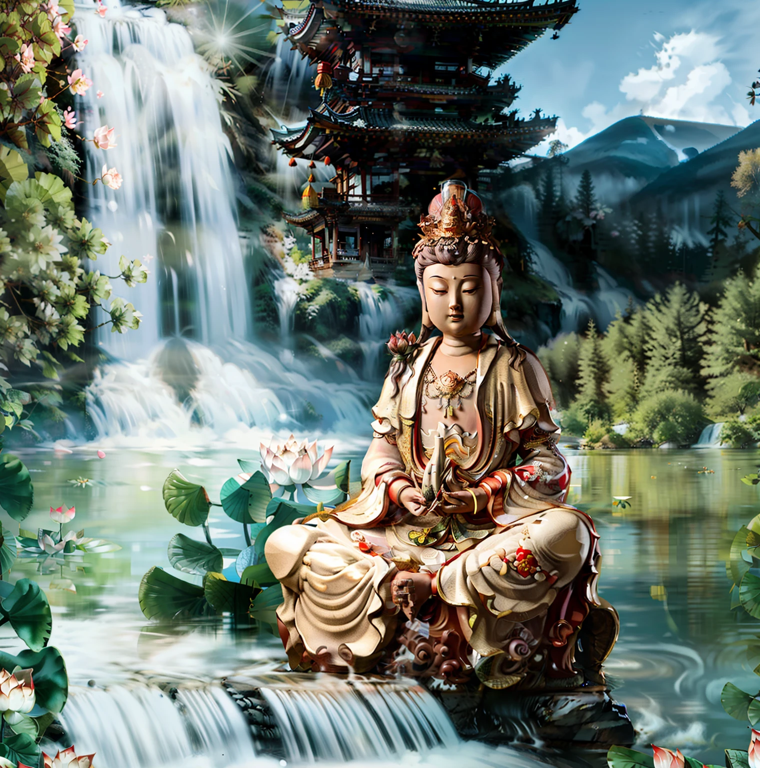 Guanyin sitting on a lotus flower seat, Guanyin Bodhisattva, Avalokitesvara, Chinese temples scattered in the forest not far away,   waterfall cascading into a lake or stream in the background, mountains and briliant small lake in the background, Lotus in the foreground, Clear and distinct fingers, clear and distinct toes, clear and distinct facial features,jewelry, leaf, lily flower, lily_pad, necklace, plant, solo, chinese temple, path, cherry blossom, sharp focus, the sun's rays, sparkly ripples, wind ripples, hyper hight detailed, real photo, intricate details, perfect composition, beautiful detailed intricate, 8 k photography, photorealistic, masterpiece, Photo-realistic, Image enhancement,Image post-processing,Image retouching