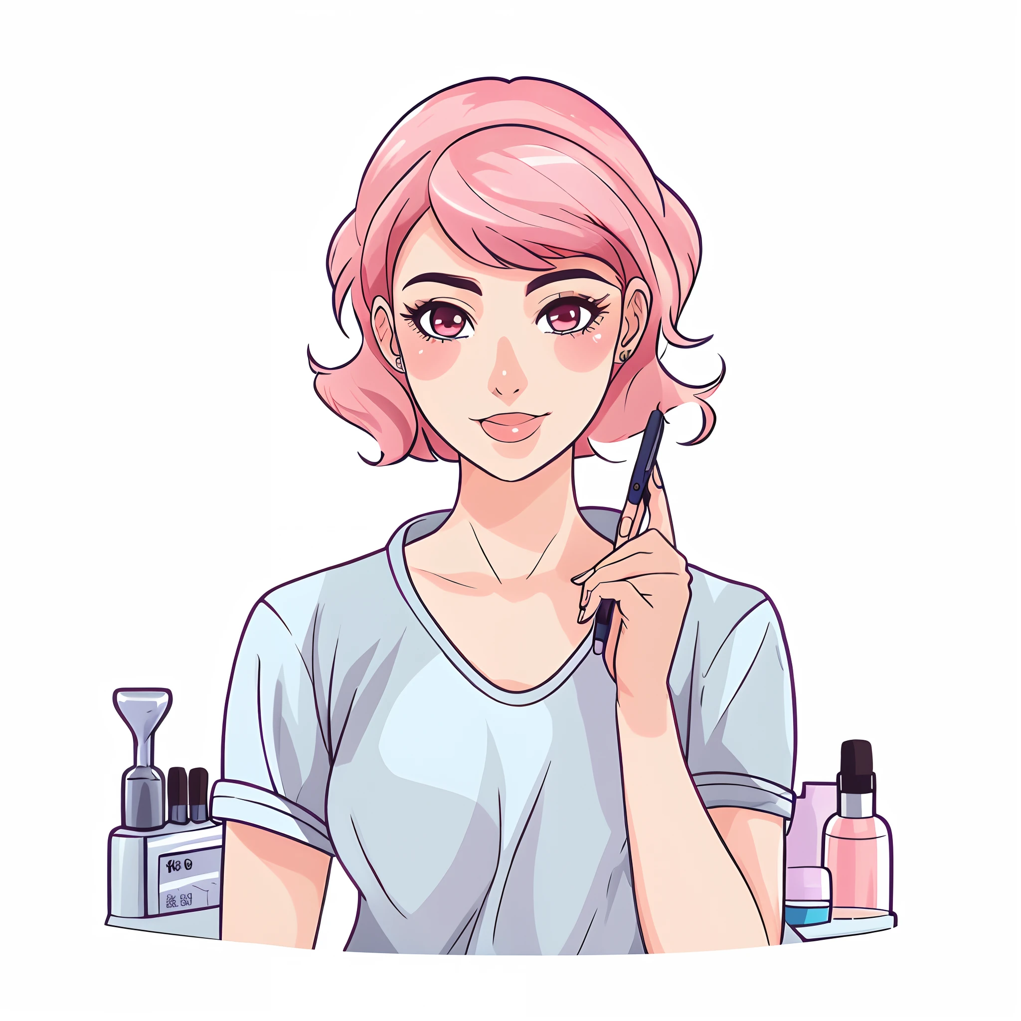 Cartoon girl with pink hair holding a cell phone and looking at the camera, bonito com cabelo rosa curto, illustration Anime style, no estilo de arte do anime 8 0 s, retrato da mulher do anime, retrato da menina bonito, Cartoon style illustration, Retrato de uma garota de anime, personagem estilo anime, retrato estilo anime, em estilo anime, Retrato da menina do an