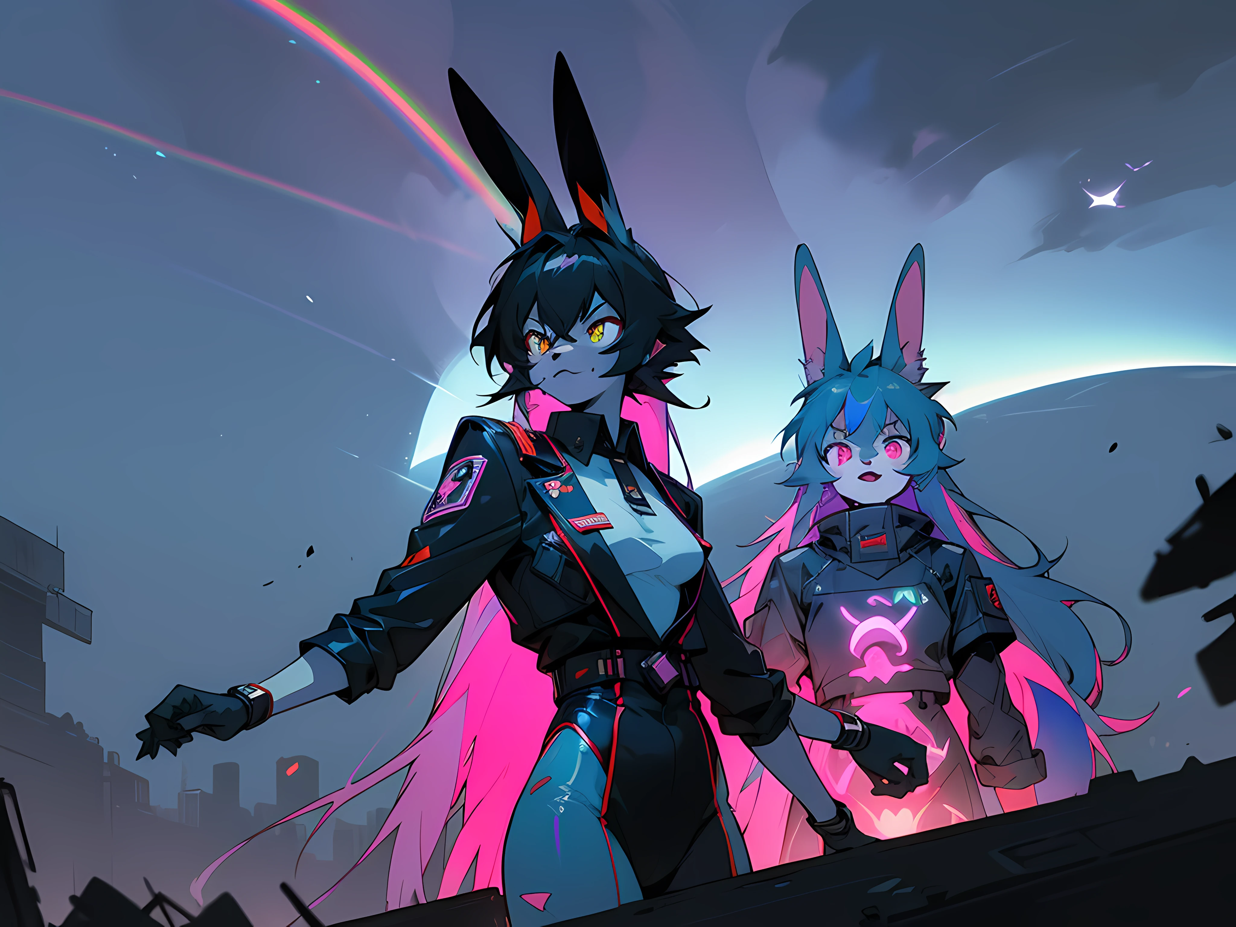 (((crowd of bunny superheroes flying through astral cloud dimension))), (((cyberpunk bleak bleak bleak dark black black black bleak gray))), vampire hunter d, (vintage vhs), (crt screenshot), (((dark scene))), (((dark cloudy scene))), (((angel's egg anime))), (((serial experiments lain anime))), (((dystopian rainbow clouds scene))), (((unlit nighttime scene))), (((dark abandoned cyberpunk astral dimension))), (((angry black anthro kemono furry rabbit fighters with uniforms and tall bunny ears exploring old rainbow clouds))), (((cyberpunk dystopian rainbow clouds filled with glowing stars))), anime black rabbit superheroes with futuristic hair and piercing glowing eyes and tall bunny ears, anime art, anime aesthetic, (((old rainbow thunderstorm in background cel art))), kemono anime rabbits, wearing cybernetic bunny ears, angry fighters --v6