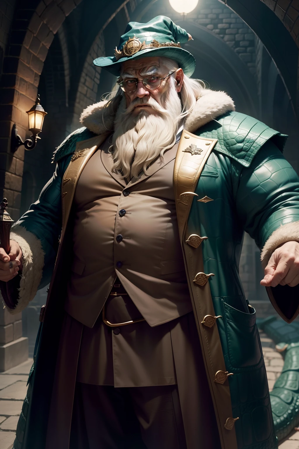 dumbledore，a old man，Big chest，wearing an outfit，Wearing crocodile dragon armor，Wearing a crocodile head hat，muscle men ，Man ，Wear half-moon glasses，Realiy，Ride a crocodile