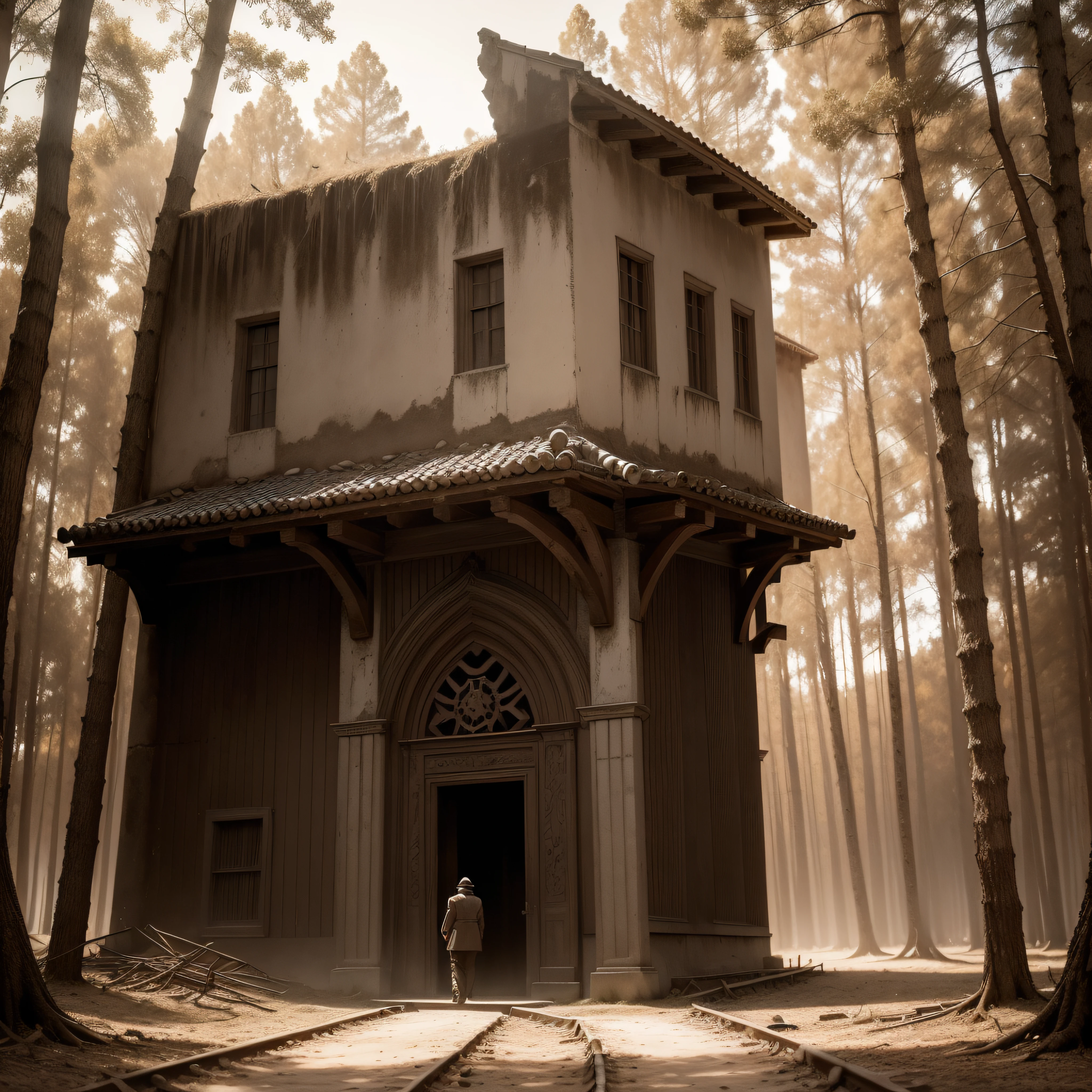 (extremadamente detallado, obra maestra, La mejor calidad, Tono sepia), un hombre con un hacha camina por un bosque. secta. Satanic Symbols. ruinas. soviet. Daytime Lighting.