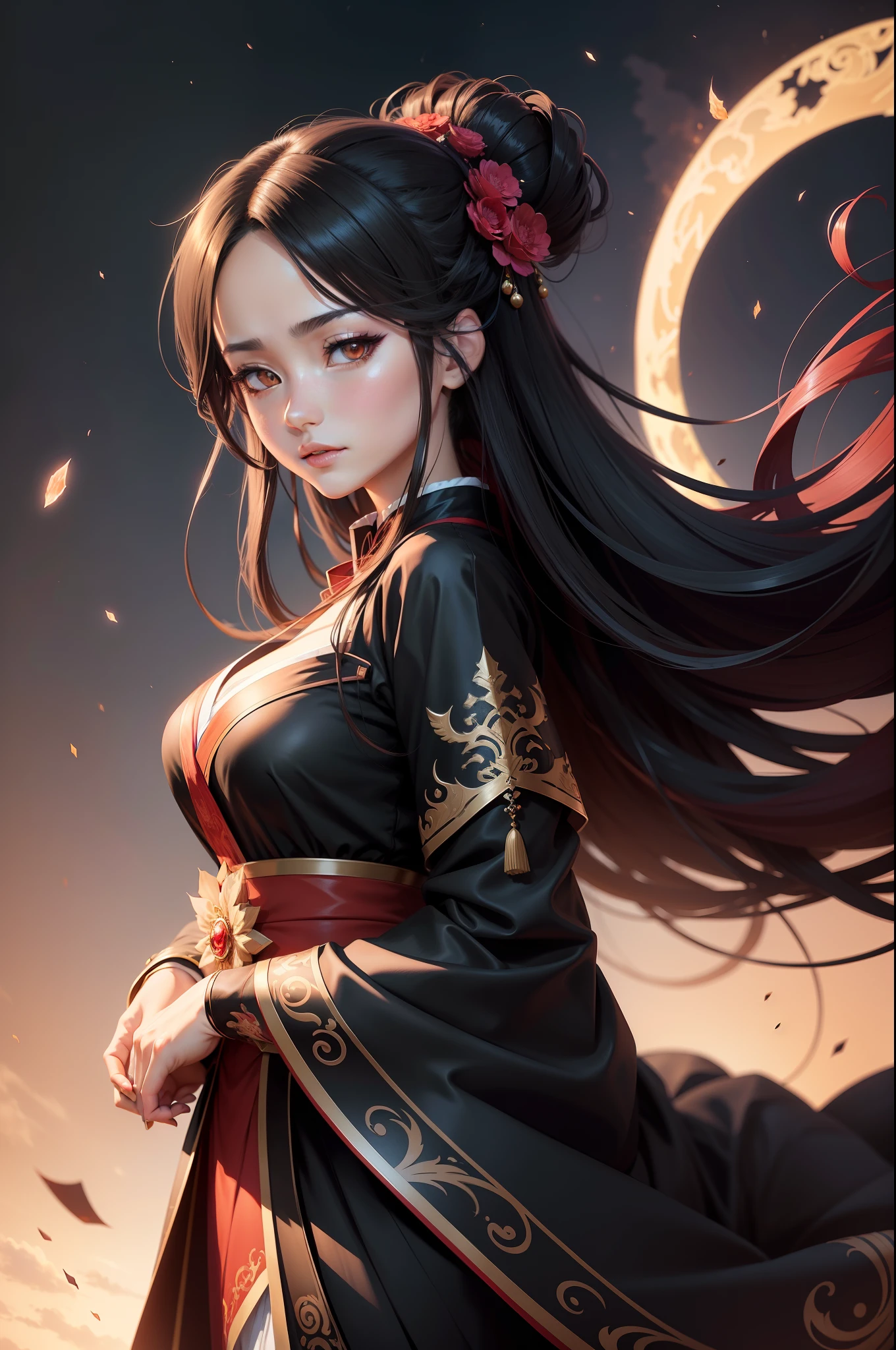 （tmasterpiece，top Quority，best qualtiy，offcial art，Beauty and aesthetics：1.2），（1girl：1.3），large moon，Long gradient hair，Red and black Hanfu, black lence stockings, Bigchest, a beautiful anime portrait, Guviz-style artwork, Beautiful anime girl, Digital anime art, Smooth anime CG art，Stunning anime face portrait, anime styled digital art, realistic anime artstyle, Digital anime illustration, Anime style. 8K