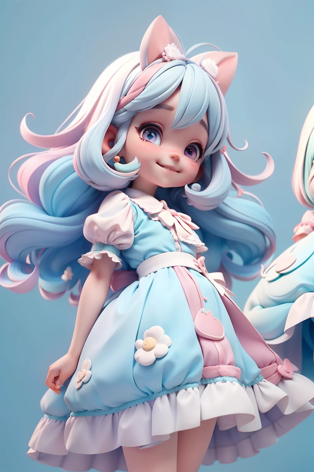 Loli Alice in the wonderland, menina meiga, olhos castanhos delicados, tom pastel, cabelo e roupa multicolorido, sorriso delicado, fundo simples e branco
