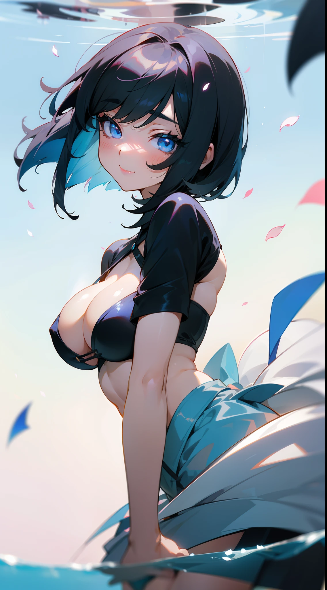 Smile,Asian ,1girl in, Cute ,The upper part of the body_Body, up looking_で_viewer, Eyelashes, leaning_Forward, shiny_skin, Medium Hair, bob cuts, hair between eye, Pick and dye black hair in white hair, saintbeautiful detailed faces, extremely detailed cute anime face, beautiful detailed deep eyes, tusk, Huge_breasts, Blue eyes, bikini of, beautiful bare back, Translucent fluttering skirt, Sandals, Skindentation, cleavage_cutout, petals on water, Surrounded by splashes of colored ink, bloom,