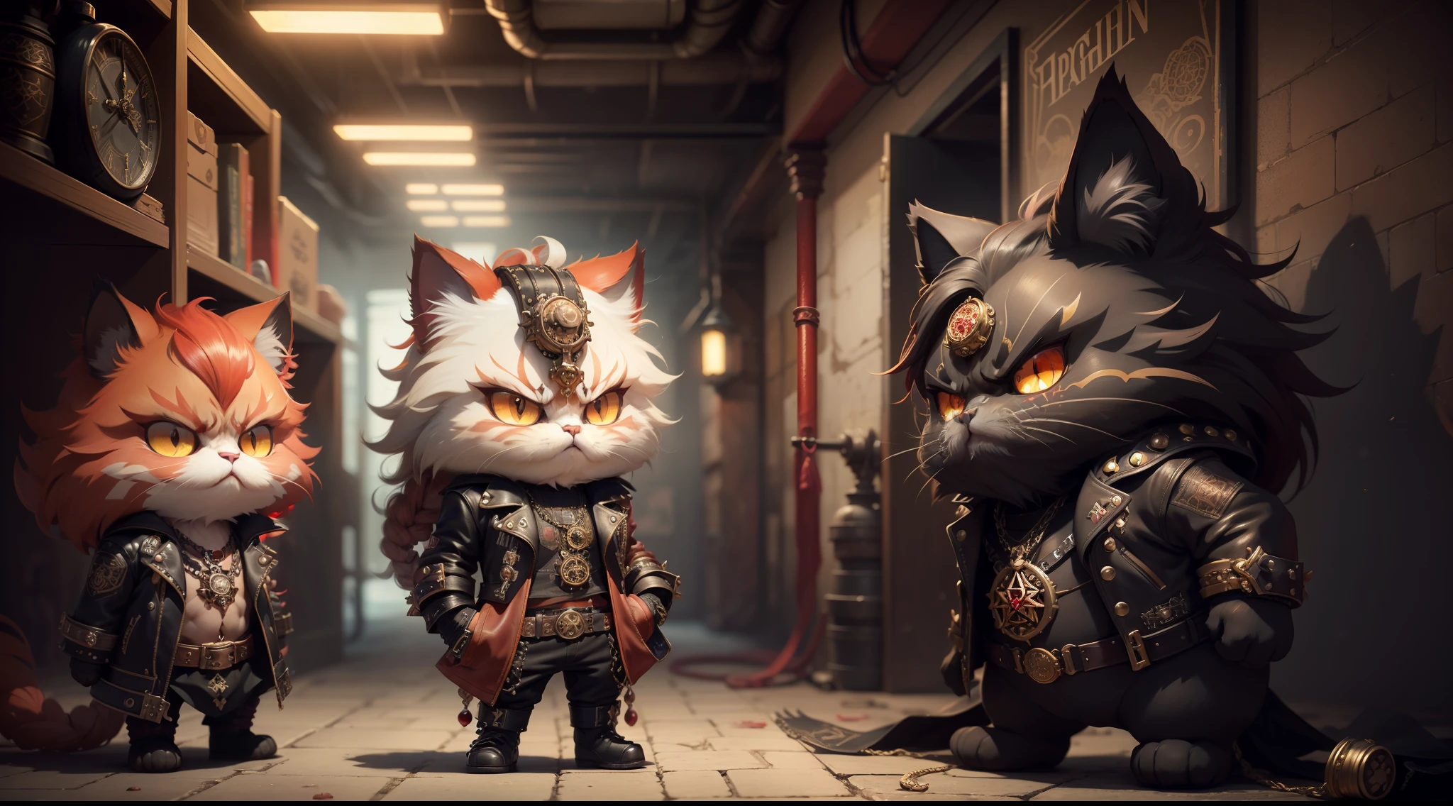 persian cat Anthropomorphic, steampunk ,, , studded leather jacket with intricate ornamentation red and black , , pirate steampunk theme,, , highest quality,, very angry face, body fitness, full body, long hair with braids , in a basement , in the floor there is engraved a pentagram