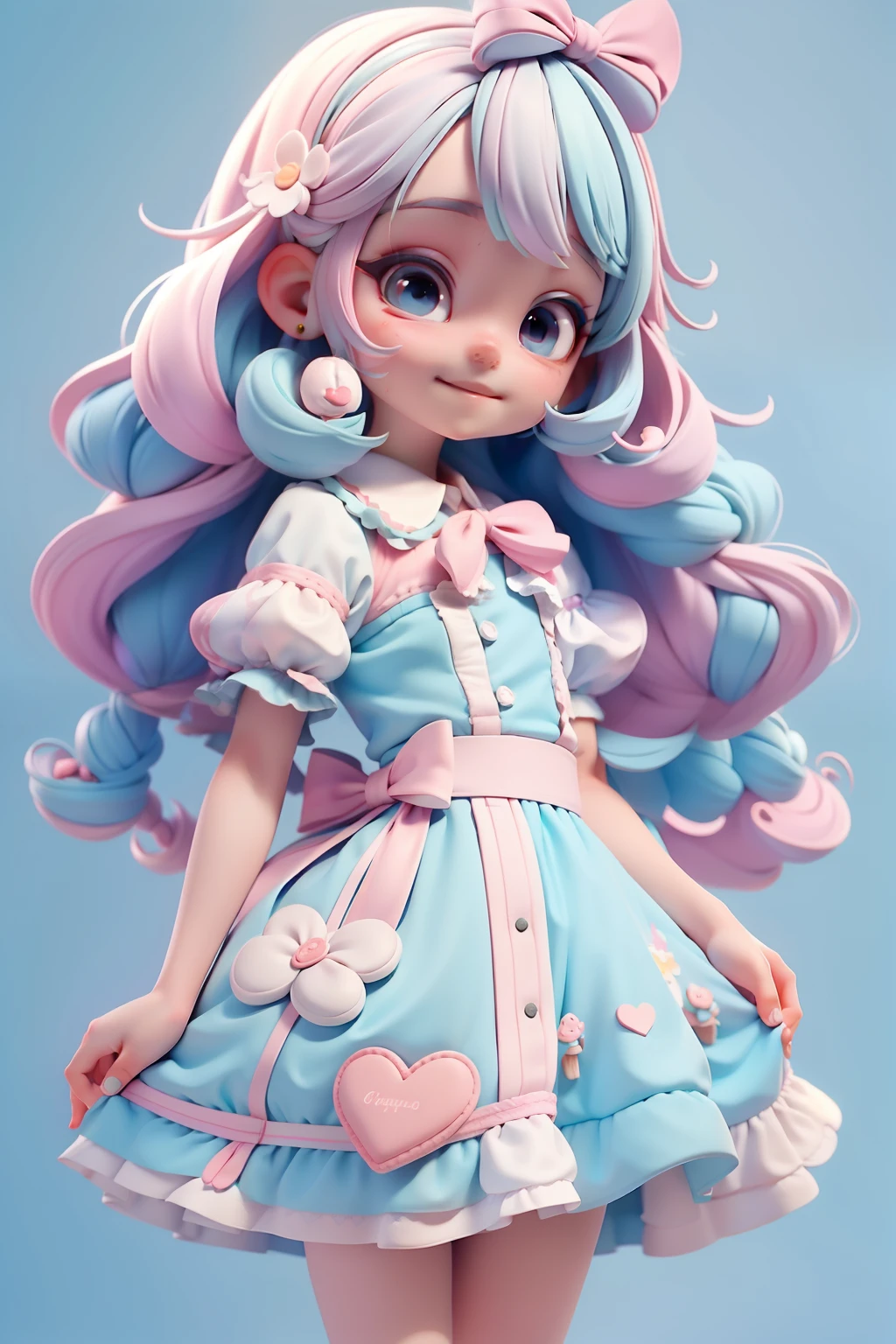 Loli Alice in the wonderland, menina meiga, olhos castanhos delicados, tom pastel, cabelo e roupa multicolorido, sorriso delicado, fundo simples e branco