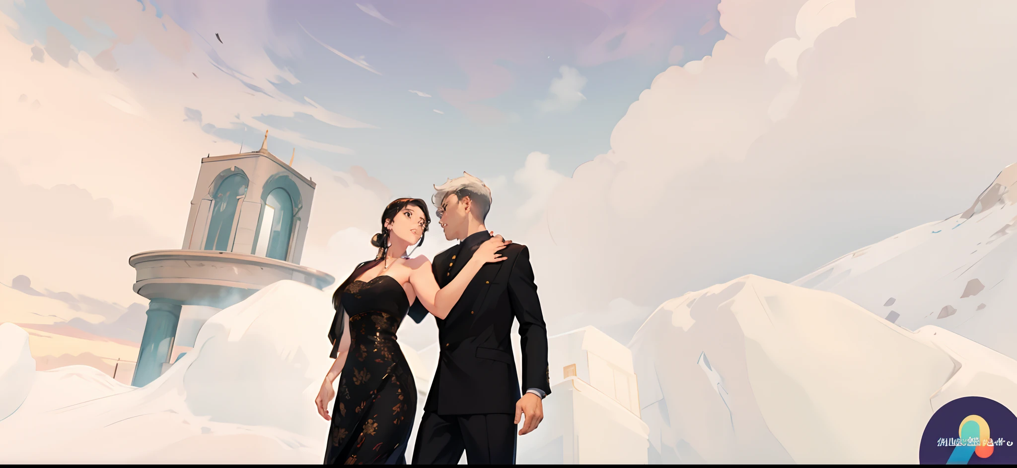 A man puts his arm around a woman, walking in the hotel lobby, evening sky, hotel lobby, fine facial portrayal, fine costume portrayal, ultra HD, 8K, vista, full body photo.