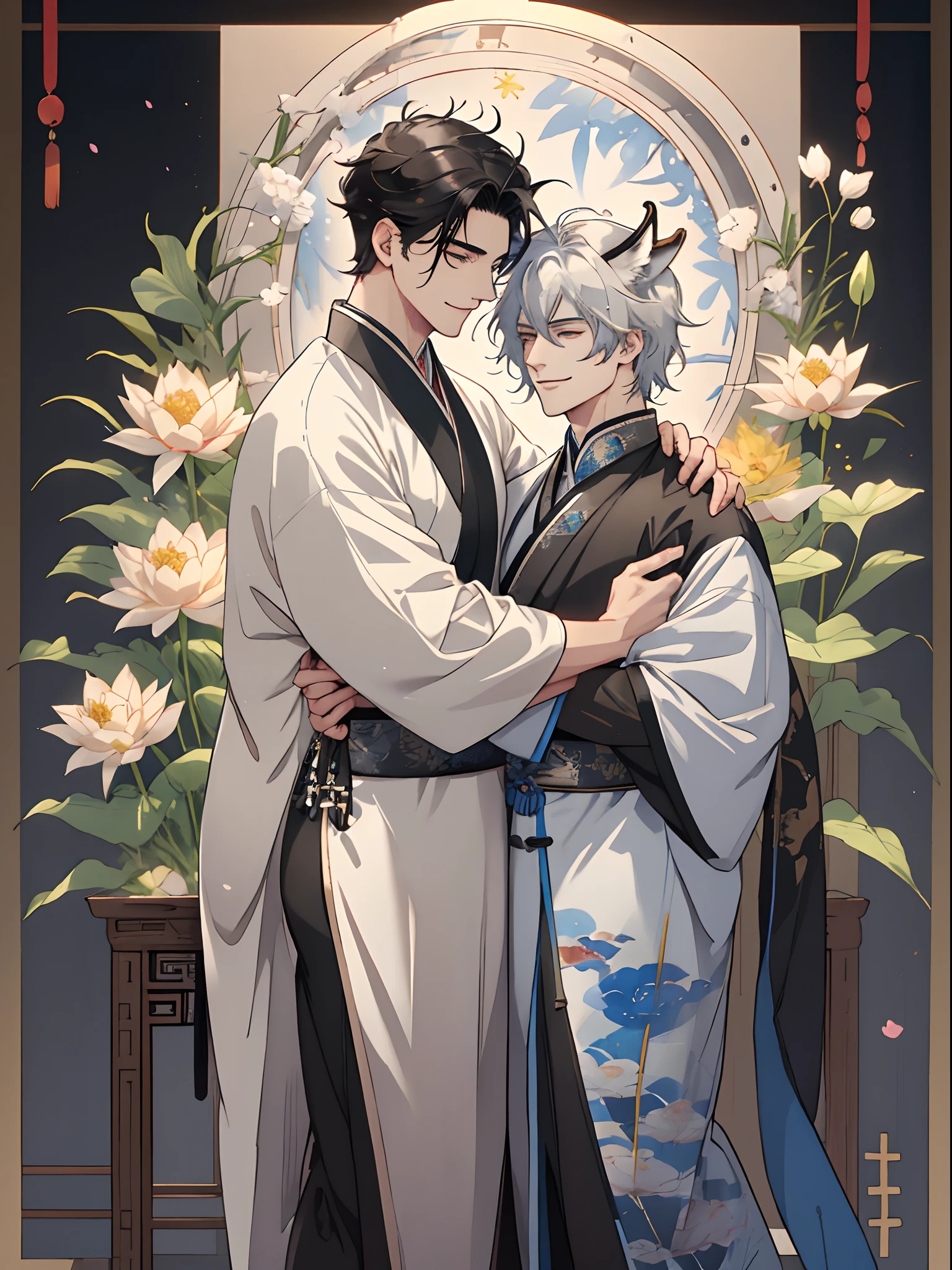 (8K, hight resolution, ultra-detailliert), Gay Couple, 1 man and 1 man, Mature, Hair color is different, (cuddling), full bodyesbian, a blonde and a black hair, (Two men smiling face to face)、Gray-haired man with beautiful fox ears、Strong man with black hair with wolf ears、ink and watercolor painting、Traditional Chinese Ink Painting、lotuses、Hanfu、Maxi Kit、Dress conservatively、Animal ears, Knights、bule、florals、Lots of flowers nearby、shenron、extra detailed face