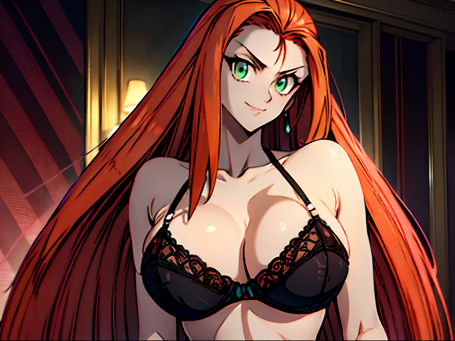 ((masterpiece)), ((best quality)), ultra detailed, detailed background, orange hair, Long Hair , green eyes, thin eyes, extreme large breast, long hair,, highest details, sexy, focus, Alluring, long legs, ((breasts shot)), (((wearing black lingerie ))), hentai style, sensual smile, erotic, erotic body, sexually suggestive, hentai body, sensual pose, naughty face, aroused body, on an bed