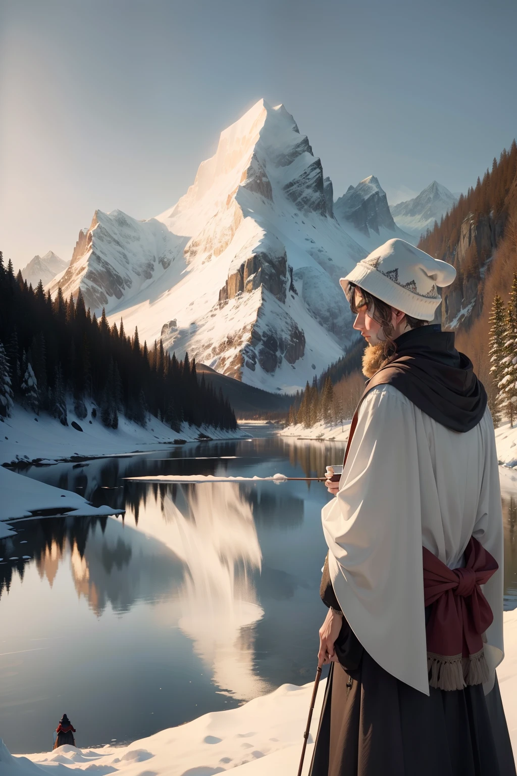 tmasterpiece,illustration,Mountains in the distance,Near is the surface of the water,A man wears a cloak,Dressed in a gown,Fishing on a boat,Winters,Underwear snow,There is also snow all around,It's white;