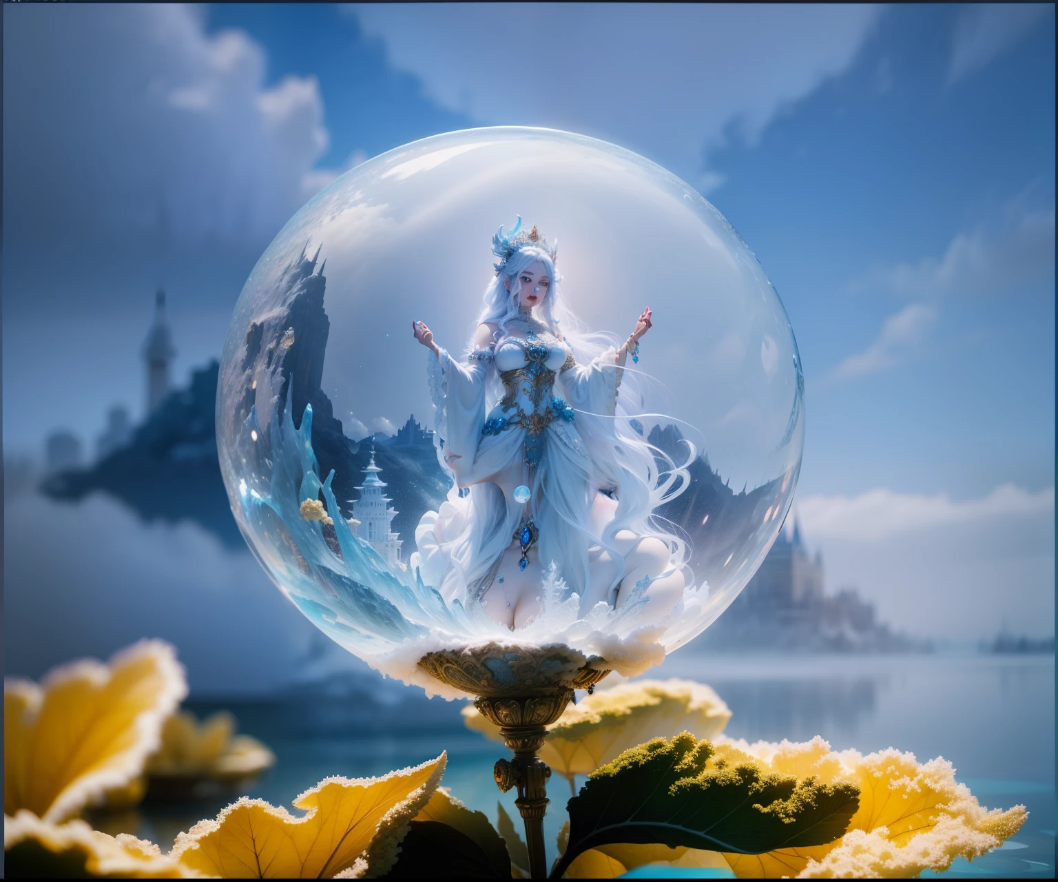 Cotton Candy Queen Women Goddess 8k Resolution Rendered Hyper Realistic Intricate Detail lives in an ice bubble, a fanciful place filled with castles, cotton candy, swans lakes and fluffy clouds, An intricate visual representation of computer programing, rendered in 24k resolution with intricate details and symbols.
