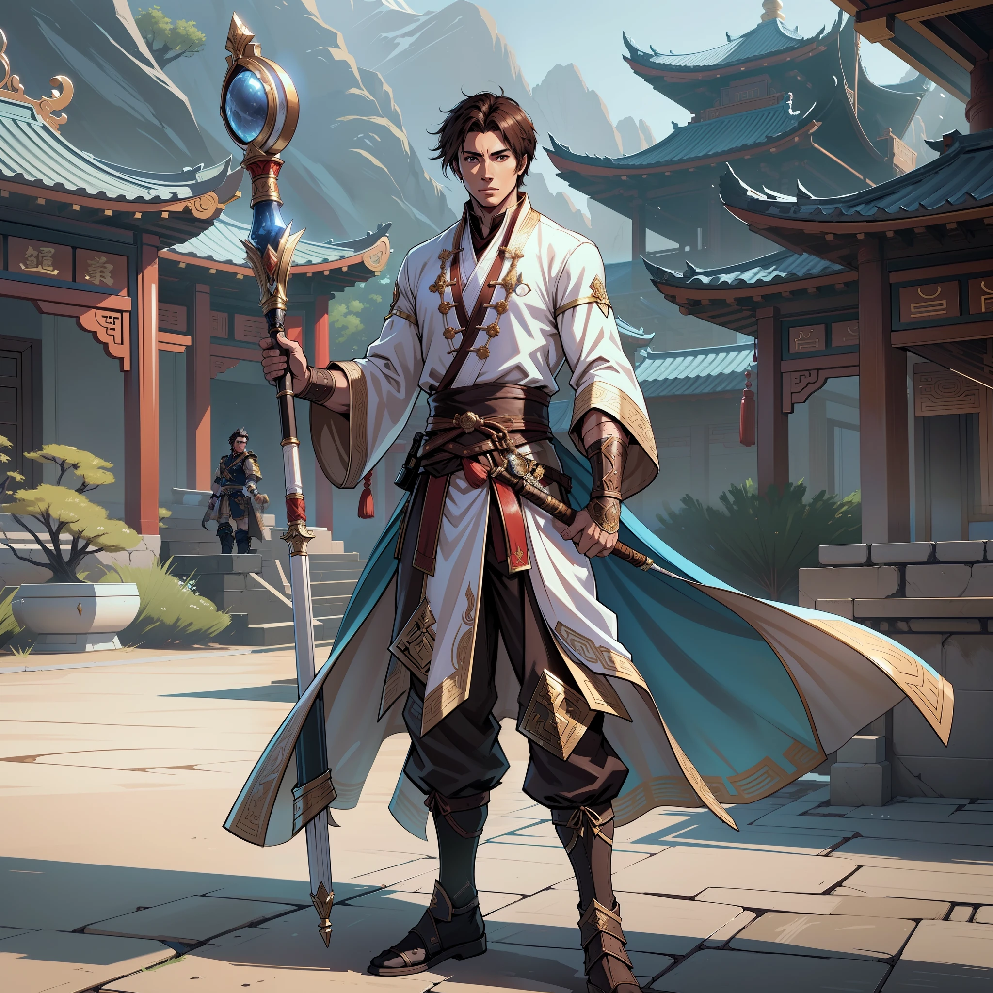a young man in his 30's, with brown eyes and scruffy brown hair, wearing desert themed attire, a hero in wuxia style, with brown eyes, martial artist, martial artist holding a staff, standing in a chinese temple, in the style of blade and soul, full body character concept, detailed character design, chinese costume, very highly detailed face unreal engine render, final fantasy 14 style, lunar themed attire, costume with blue accents