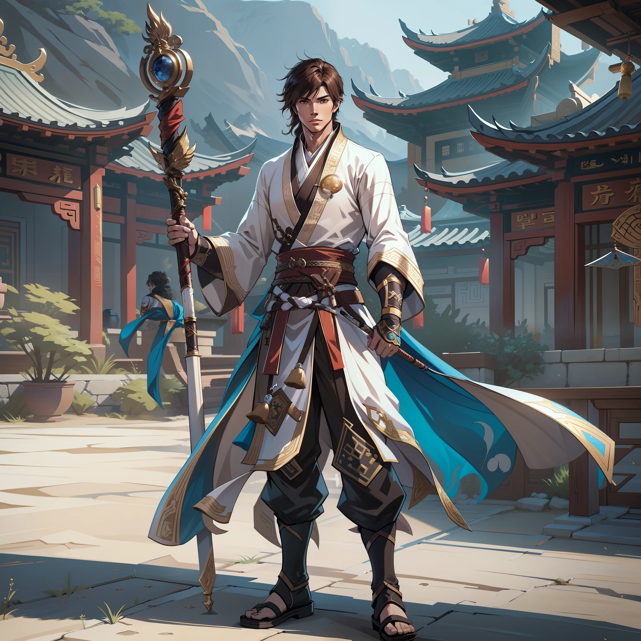a young man in his 30's, with brown eyes and scruffy brown hair, wearing desert themed attire, a hero in wuxia style, with brown eyes, martial artist, martial artist holding a staff, standing in a chinese temple, in the style of blade and soul, full body character concept, detailed character design, chinese costume, very highly detailed face unreal engine render, final fantasy 14 style, lunar themed attire, costume with blue accents