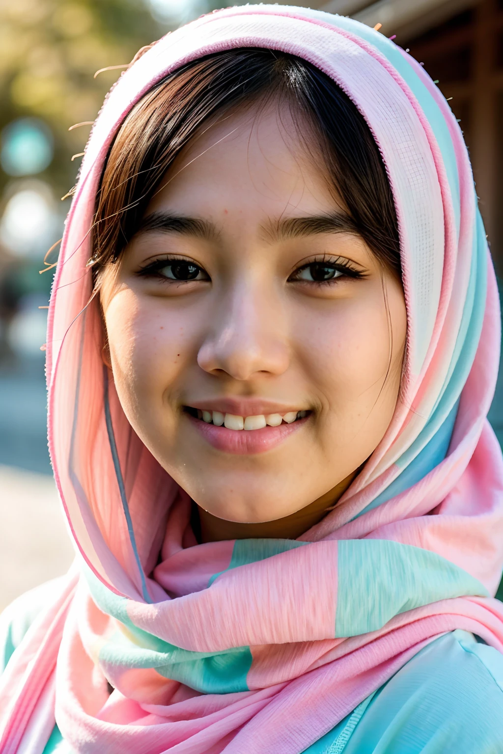 instagram photo, closeup face photo of teen japanese female, cute face, pastel pink & pastel blue hijab, (smile:0.4), hard shadows
