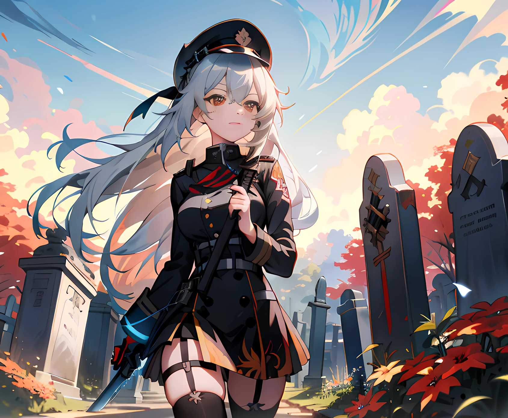 Anime girl standing in cemetery in uniform with sword, Kushatt Krenz Key Art Women, Guweiz in Pixiv ArtStation, from girls frontline, Guweiz on ArtStation Pixiv, Girls Frontline CG, Best anime 4k konachan wallpaper, Anime art wallpaper 4k, Anime art wallpaper 4 K, Anime art wallpaper 8 K