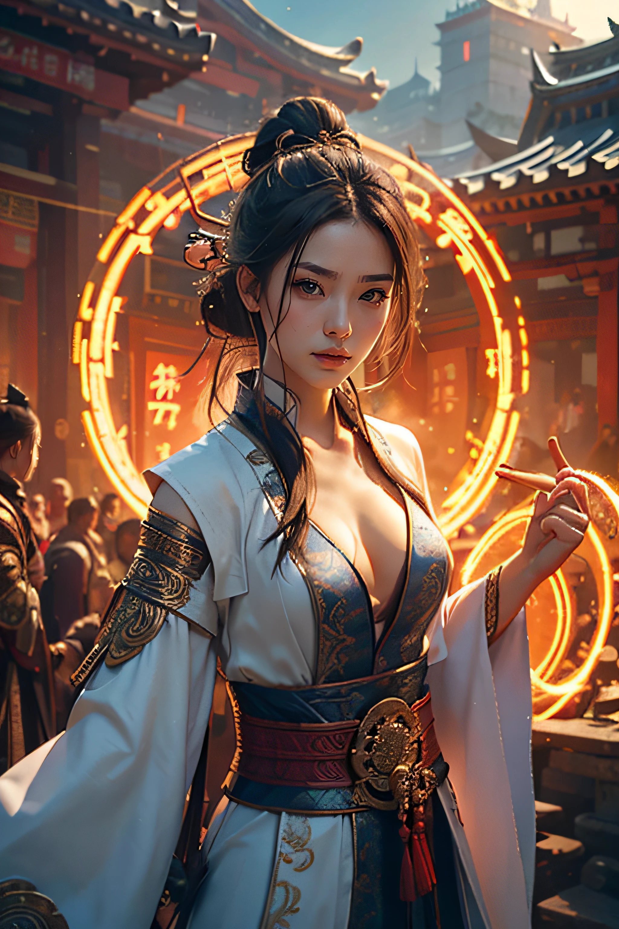 Best quality,masterpiece,ultra high res,(photorealistic:1.4),xiuxian,weapon,Detailed face,
1girl,solo,weapon,cleavage,(magic circle:1.2),xiuxian,upper body,Beautiful girl,full body,east asian architecture,sheath,architecture,