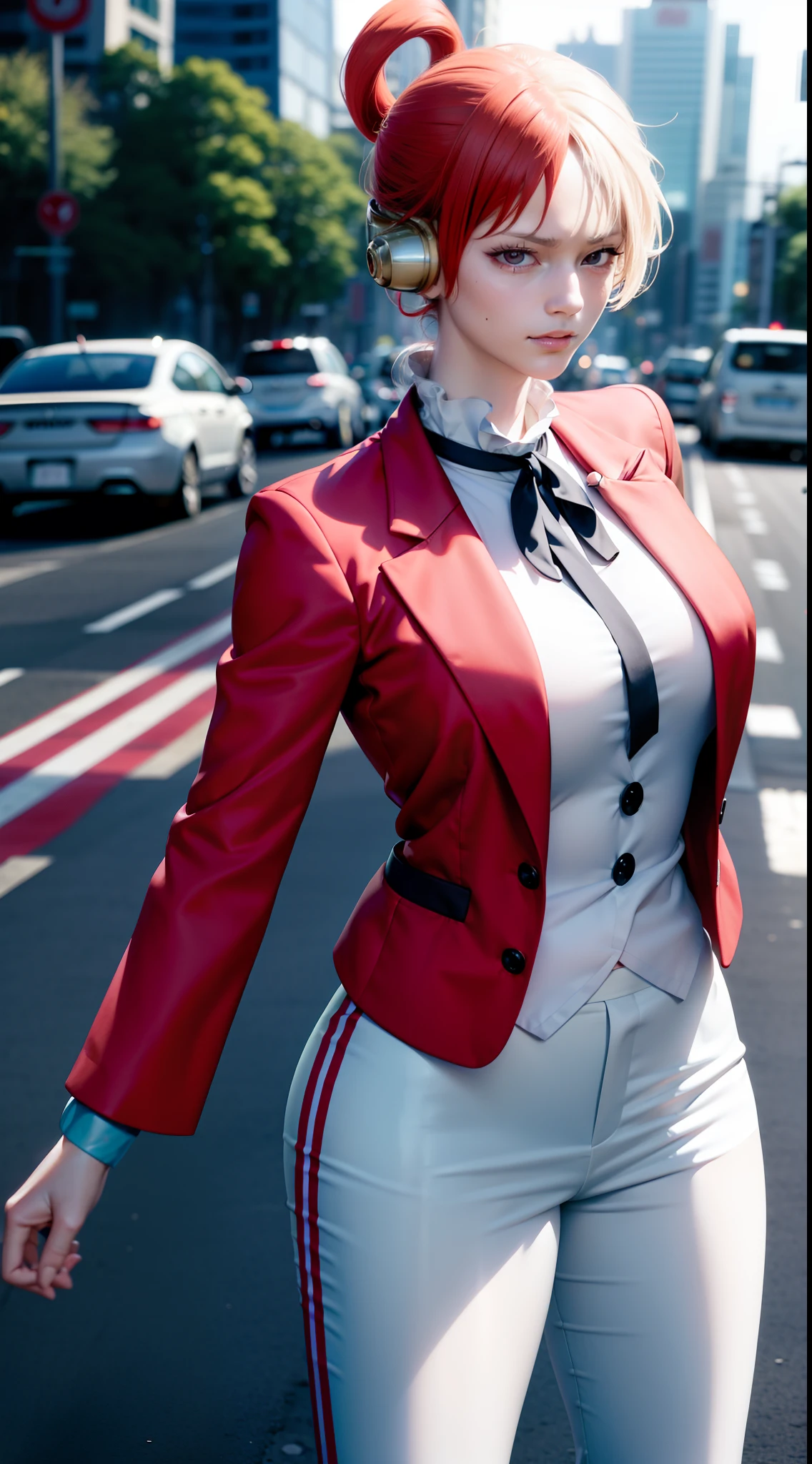 uta from anime one piece, red hair, white hair, hair tie, wearing mascara, slight smile, perfect body, standing, looking at viewer, medium boobs, wearing formal clothes, white formal shirt, red blazer, white pants, being in a public place, being in the city of Tokyo, being on the side of the road, wearing a watch, wearing earrings