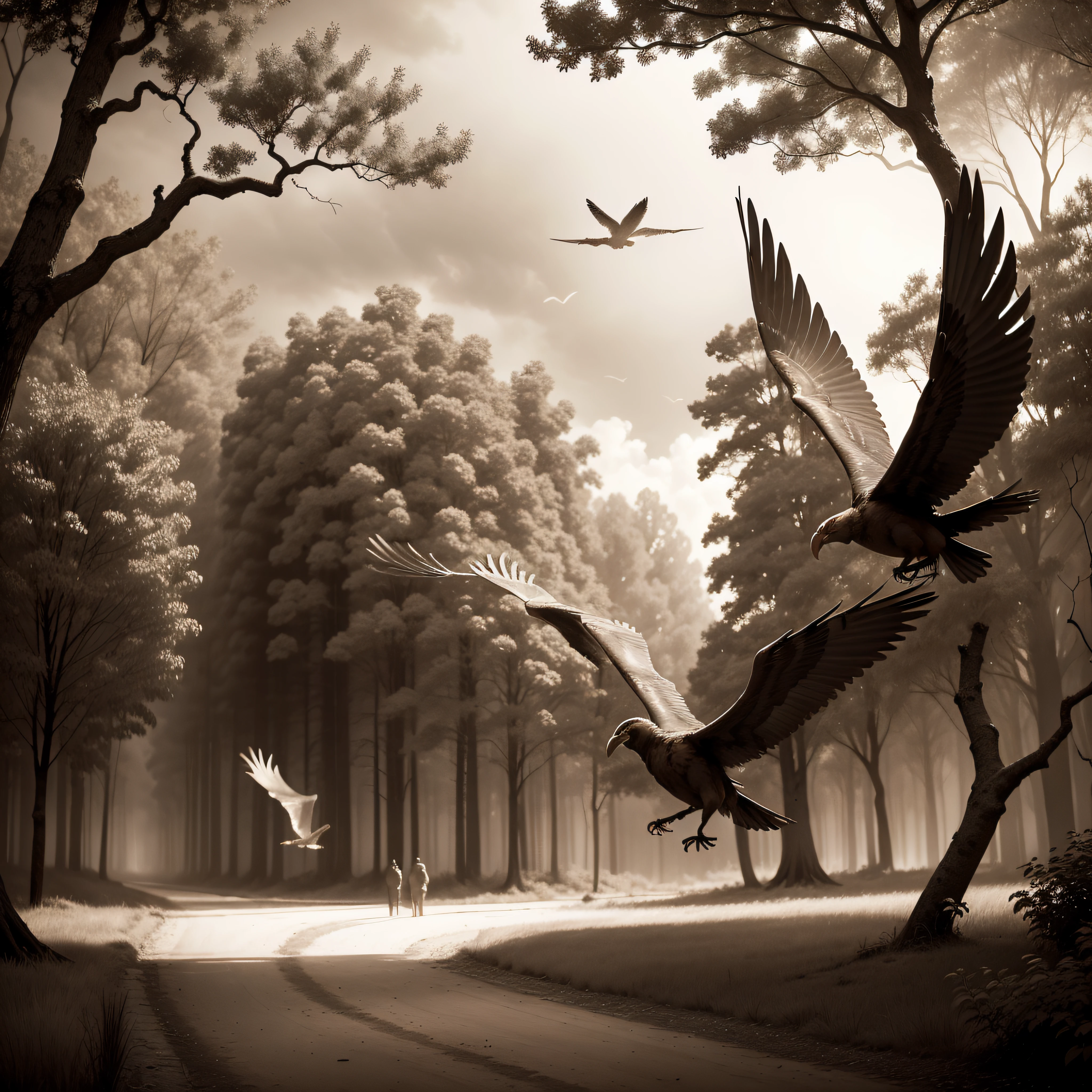(extremadamente detallado, obra maestra, La mejor calidad, Tono sepia), Firebirds flying through a forest. Escultura renacentista en ruinas. soviet. Daytime Lighting.