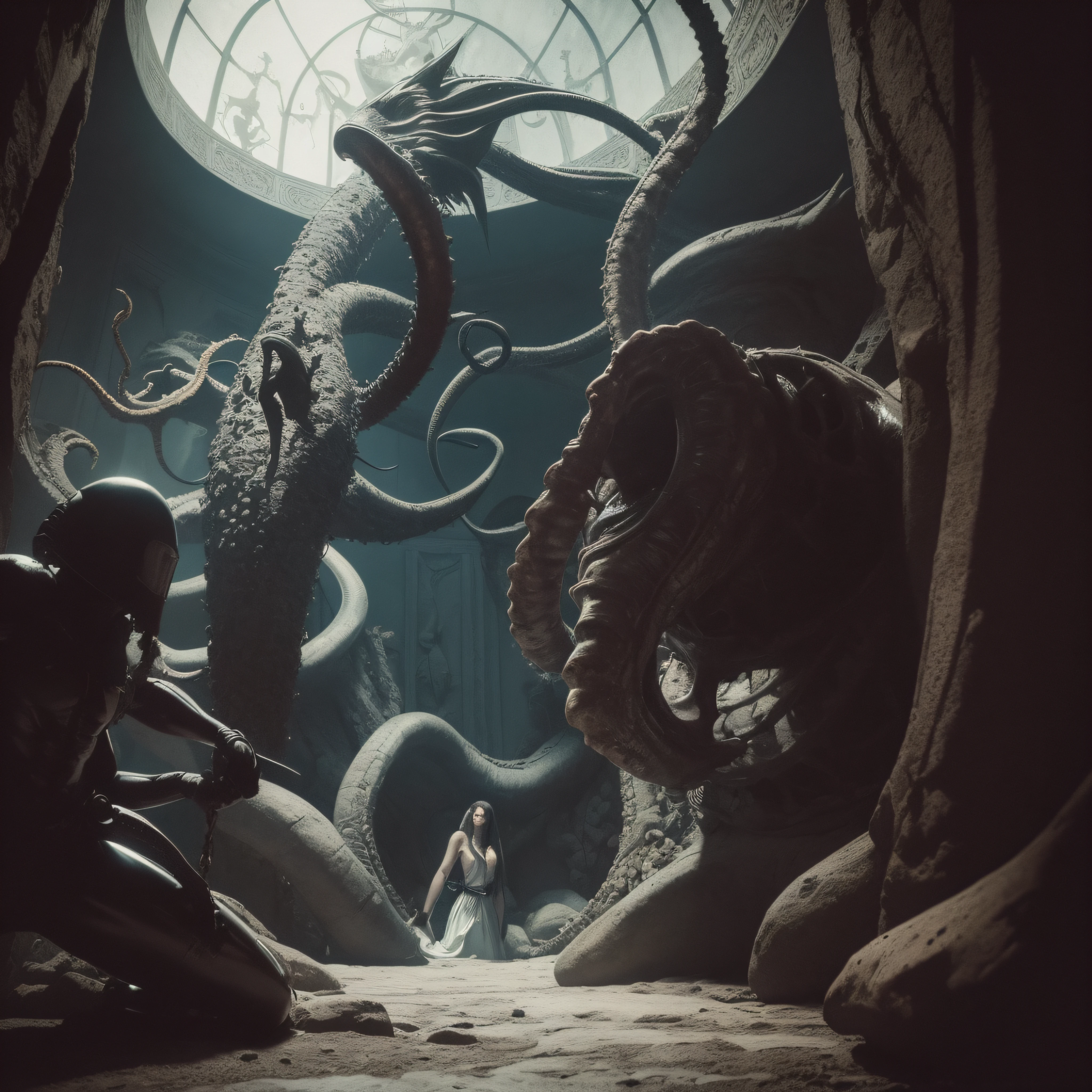 (extremadamente detallado, obra maestra, La mejor calidad), Estilo oscuro, intense illumination, rostro con arrugas, mujer crucificada, tentacle, monstruoso, interior de una piscina de agua verdosa, imagen submarina, alien con Colmillos finos. manchas de tinta. Rococo composition. Luz de caravaggio