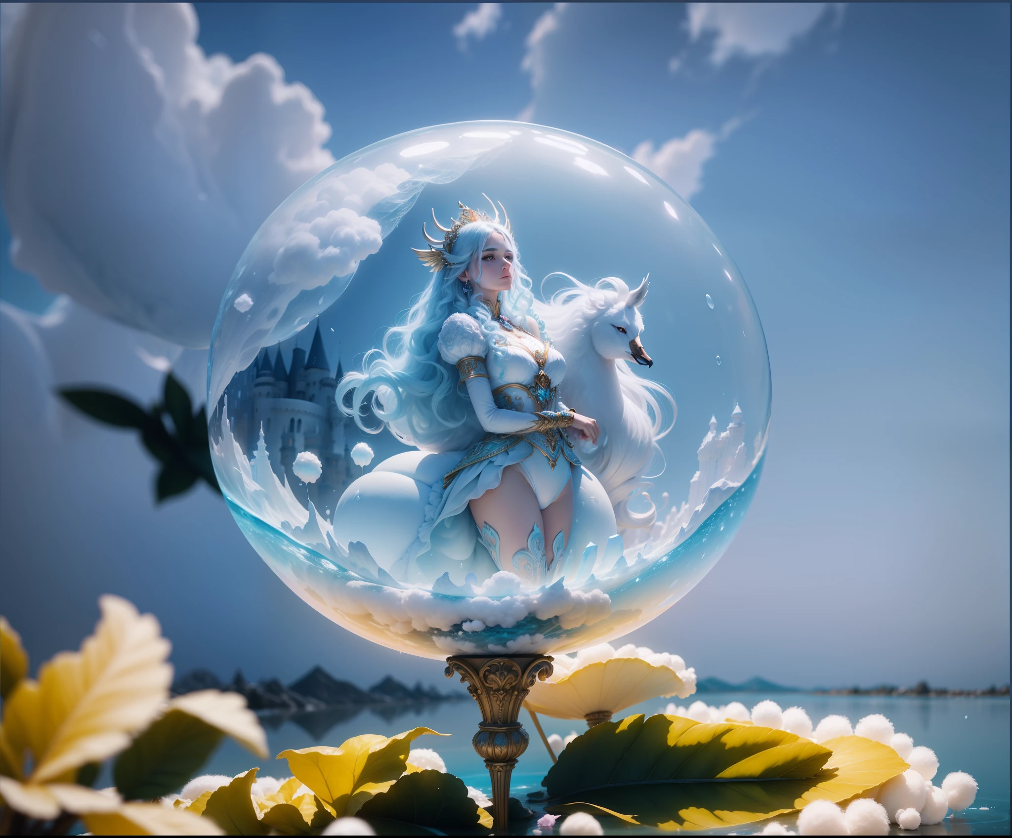 Cotton Candy Queen Women Goddess 8k Resolution Rendered Hyper Realistic Intricate Detail lives in an ice bubble, a fanciful place filled with castles, cotton candy, swans lakes and fluffy clouds, An intricate visual representation of computer programing, rendered in 24k resolution with intricate details and symbols.