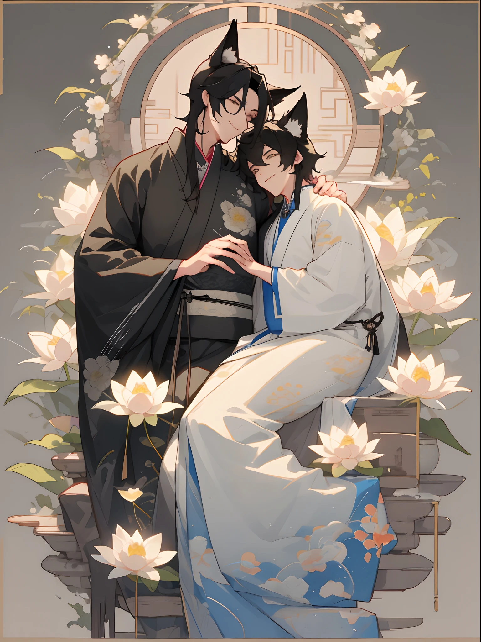 (8K, hight resolution, ultra-detailliert), Gay Couple, 1 man and 1 man, Mature, Hair color is different, (cuddling), full bodyesbian, a blonde and a black hair, (Two men smiling face to face)、Gray-haired man with beautiful fox ears、Strong man with black hair with wolf ears、ink and watercolor painting、Traditional Chinese Ink Painting、lotuses、Hanfu、Maxi Kit、Dress conservatively、Animal ears, Knights、bule、florals、Lots of flowers nearby、shenron、extra detailed face