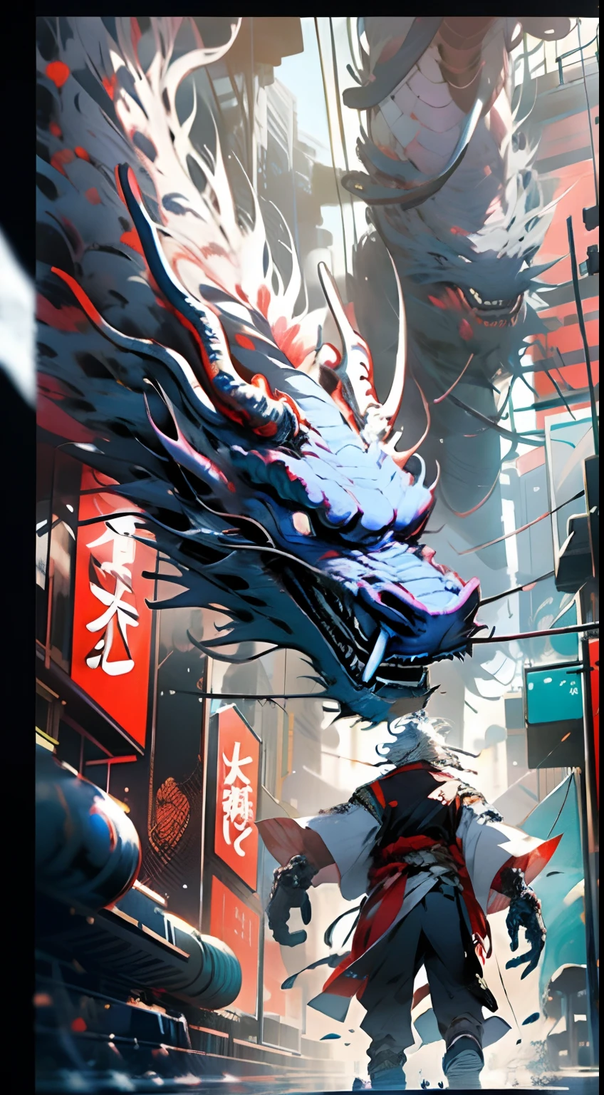A futuristic,mito,fanciful,modern city setting,White-haired boy with avant-garde outfit,Surrounded by mechanical Asian dragons,neonlight:1.2,cybernetically enhanced:1.1,Ethereal dragon scales:1.1,action-packed scene:1.2,cinematic compositions:1.1,Mixed media artwork,8K分辨率。