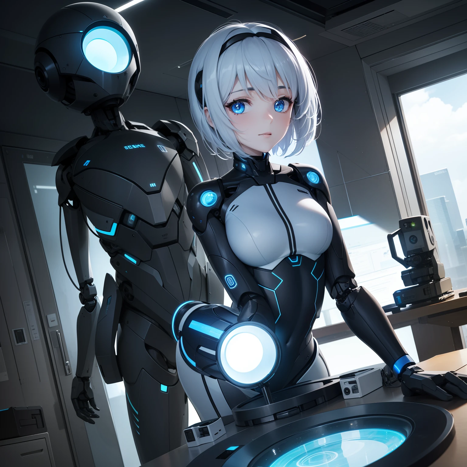 High image, Super Detail, High resolution, Assistive Robots, Streamlined form close to humanoid, Blue LED at eye position, wheels, in the room