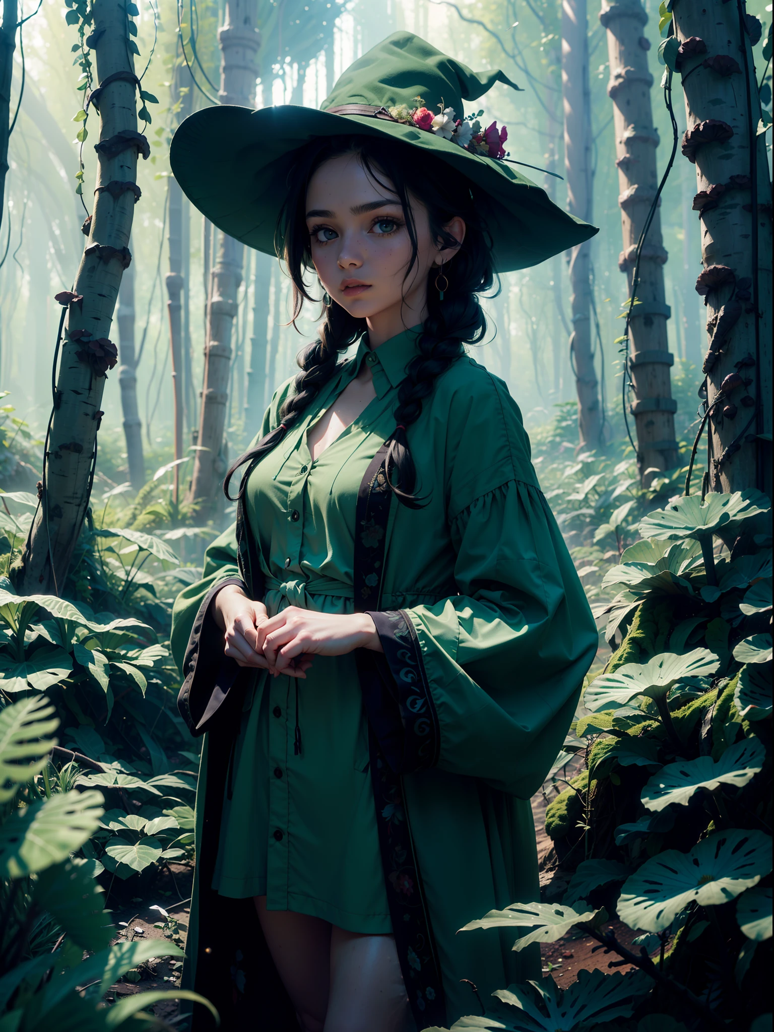 (Simple green witch robe and big green shirt,Cute girl with simple green witch big hat and braid, Cute black hair girl, Approx.10 years old, short height, Dark hair , Green dressing gown, Split lips,Upper body, light Particle, forest, Intense sunlight,Effect of twinkling aerial light,Oversized shirt,lanthanum),​masterpiece, top-quality, At 8K, detailed skin textures, Detailed Cloth Texture, beautifull detailed face, intricate detailes, ultra-detailliert, Regina Display, Super Detail, high details, High quality, Best Quality, hight resolution, 1080p, in 8K,