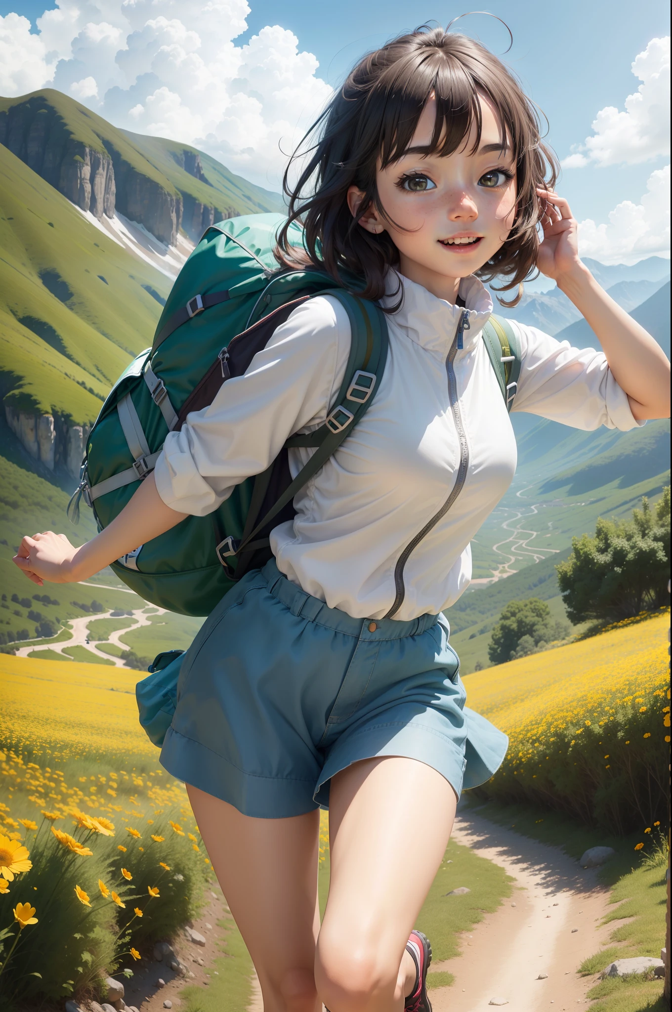 (Best Quality, masutepiece), a cute girl with a hiking bag on her back, running on a mountain path with tall flowers and meadows on both sides, Sun, Nature, spring, Happiness, Blue sky in the background