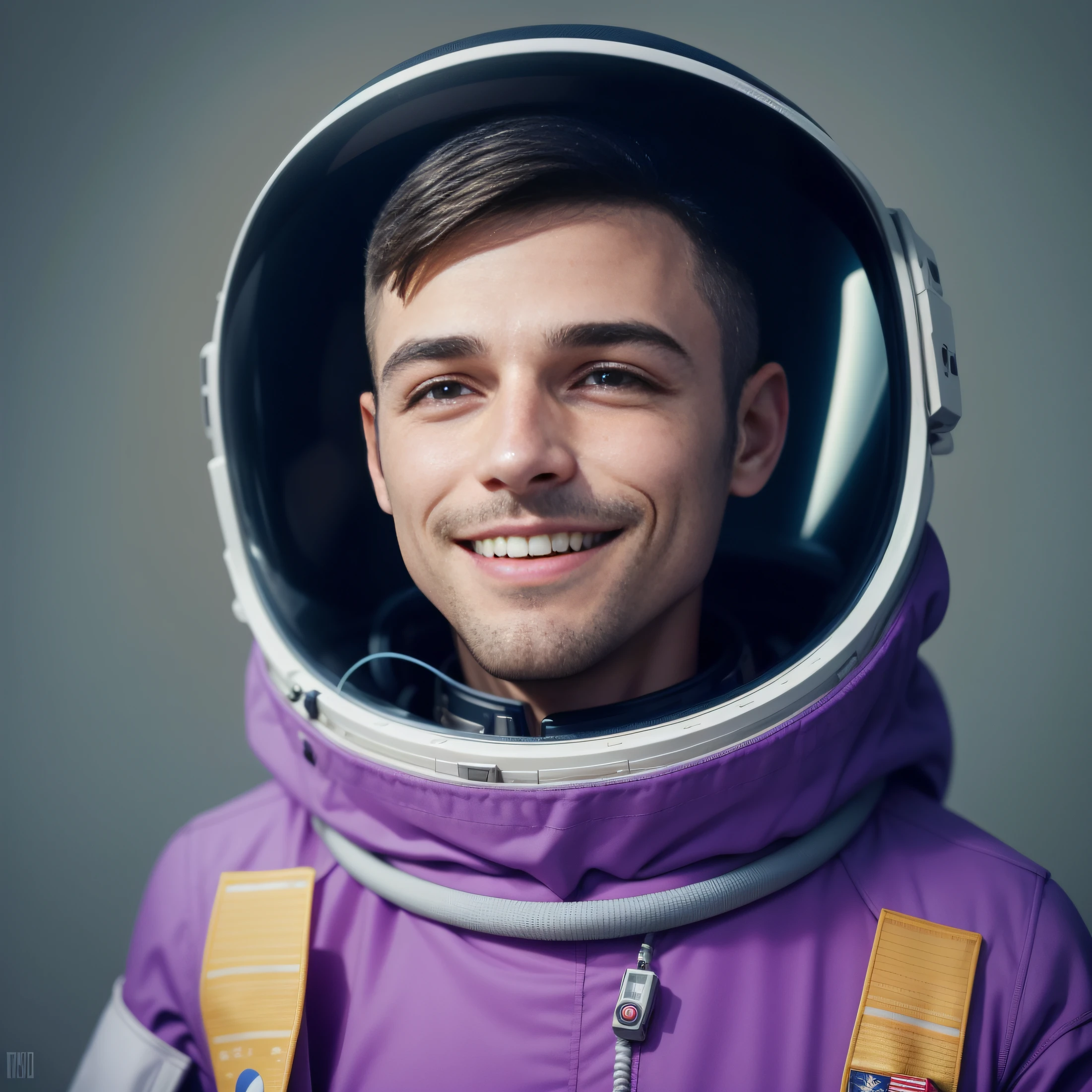 please make his teeth a little less perfect Homem de terno espacial roxo sorrindo e usando um capacete, em traje espacial, usando um traje espacial, com um traje espacial ligado, Retrato de um astronautaa de IA, fully space suited, usando um traje espacial e capacete, usa um traje espacial, astronauta, usar trajes espaciais, vestindo roupa de astronautaa, Retrato de um astronautaa, Retrato do astronautaa, um astronautaa