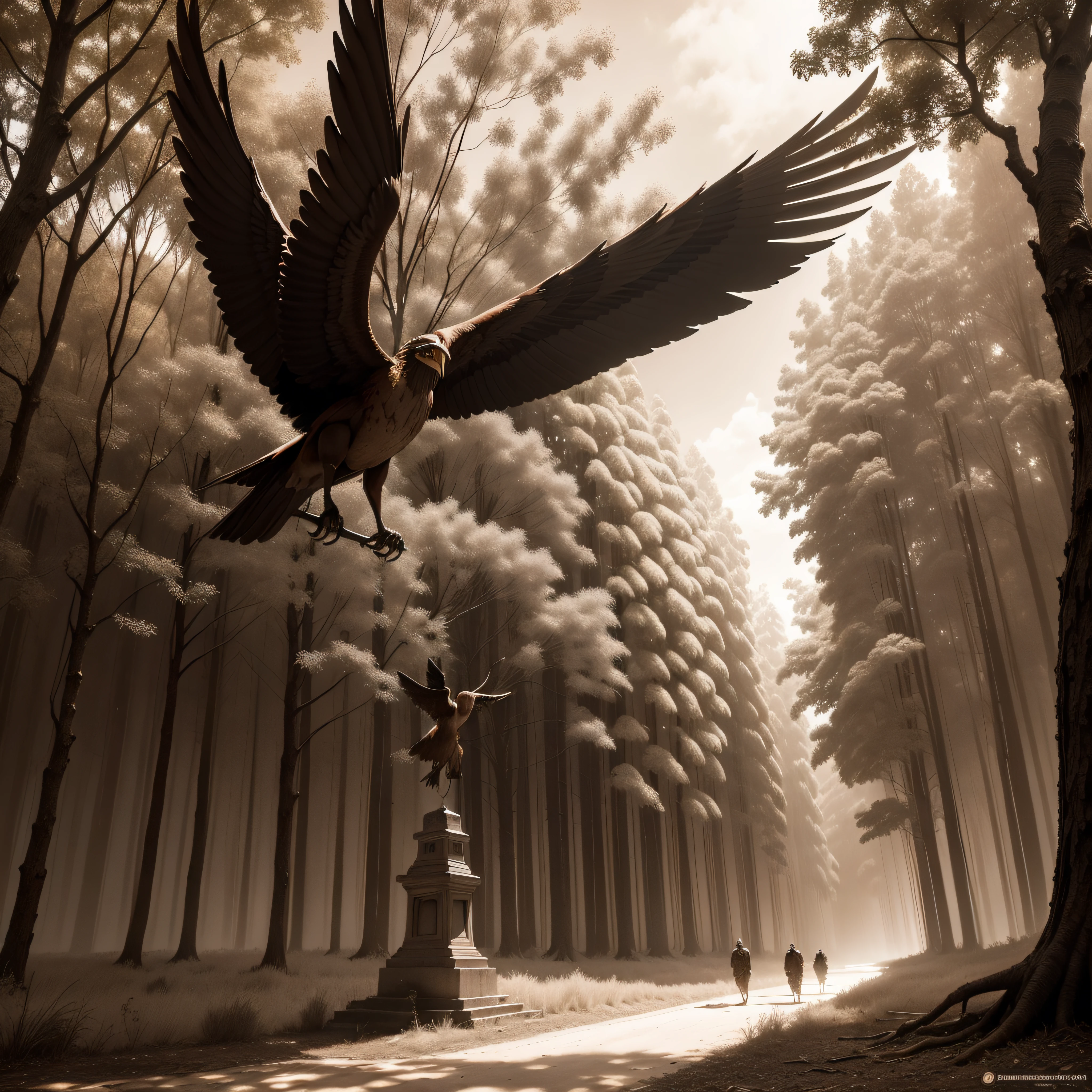 (extremadamente detallado, obra maestra, La mejor calidad, Tono sepia), Firebirds flying through a forest. Escultura renacentista en ruinas. soviet. Daytime Lighting.