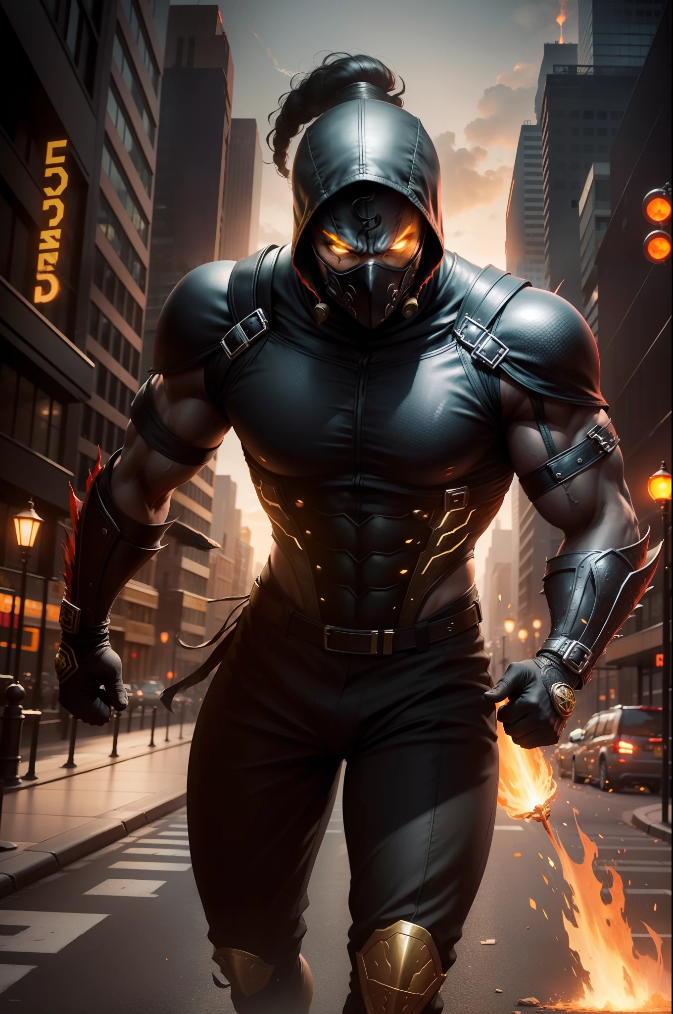 Scorpion from mortal kombat, walking toward camera, center of manhattan, ultra realistic, very very detailed, fire particle