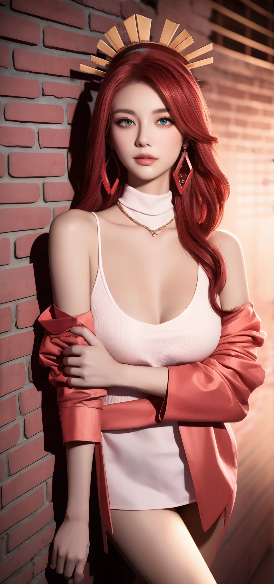 (Masterpiece, Excellent, 1girl, solo, complex details, color difference), realism, ((medium breath)), off-the-shoulders, big breasts, sexy, Yae Miko, long pink hair, red headdress, red highlight, hair above one eye, green eyes, earrings, sharp eyes, perfectly symmetrical figure, choker, neon shirt, open jacket, turtleneck sweater, against the wall, brick wall, graffiti, dim lighting, alley, looking at the audience, ((mean, seductive, charming)), ((cherry blossom background ))),((Japanese temple background)))), (((Glow-in-the-dark background)))